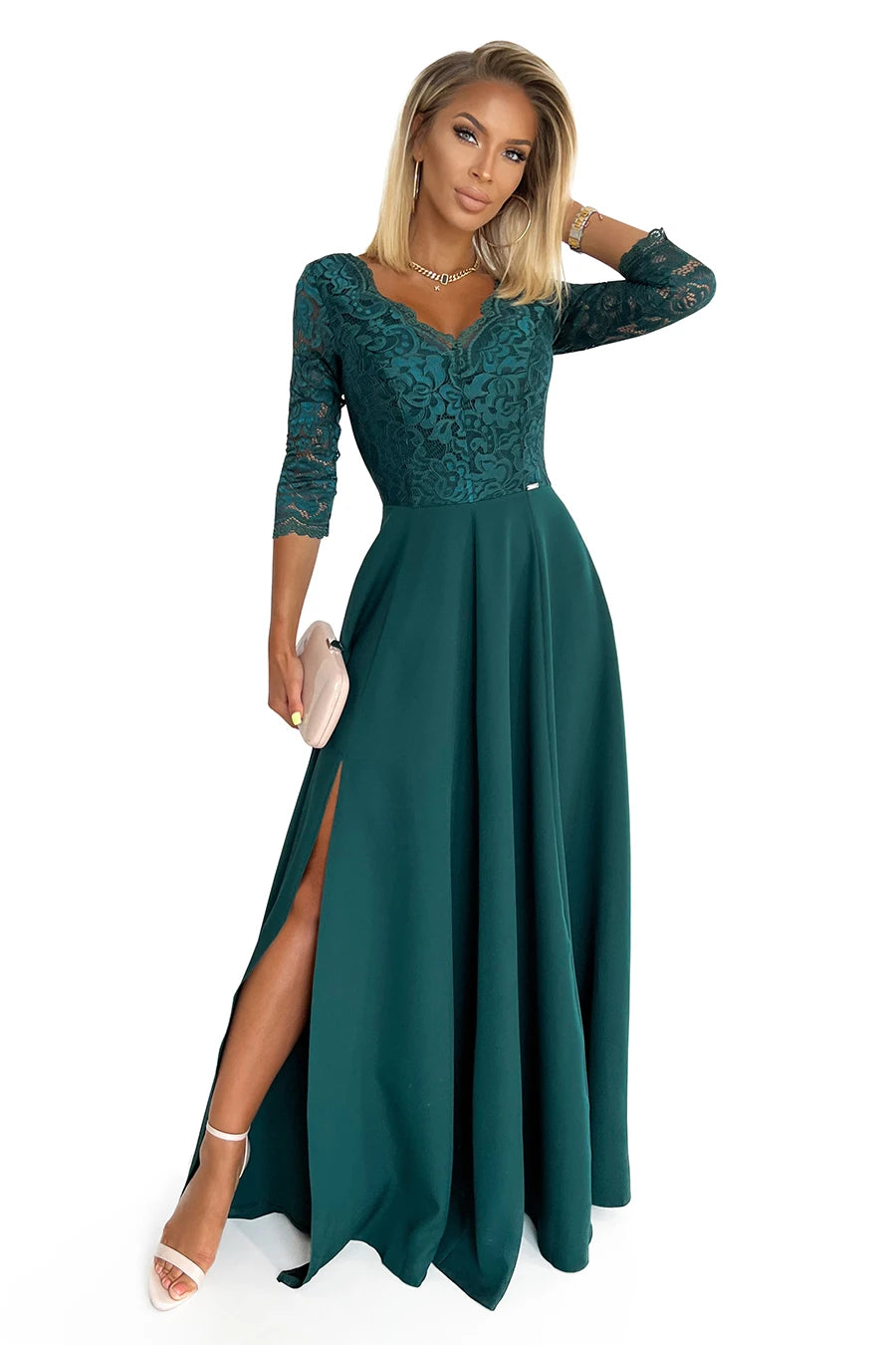AMBER elegant lace long dress with a neckline – Green