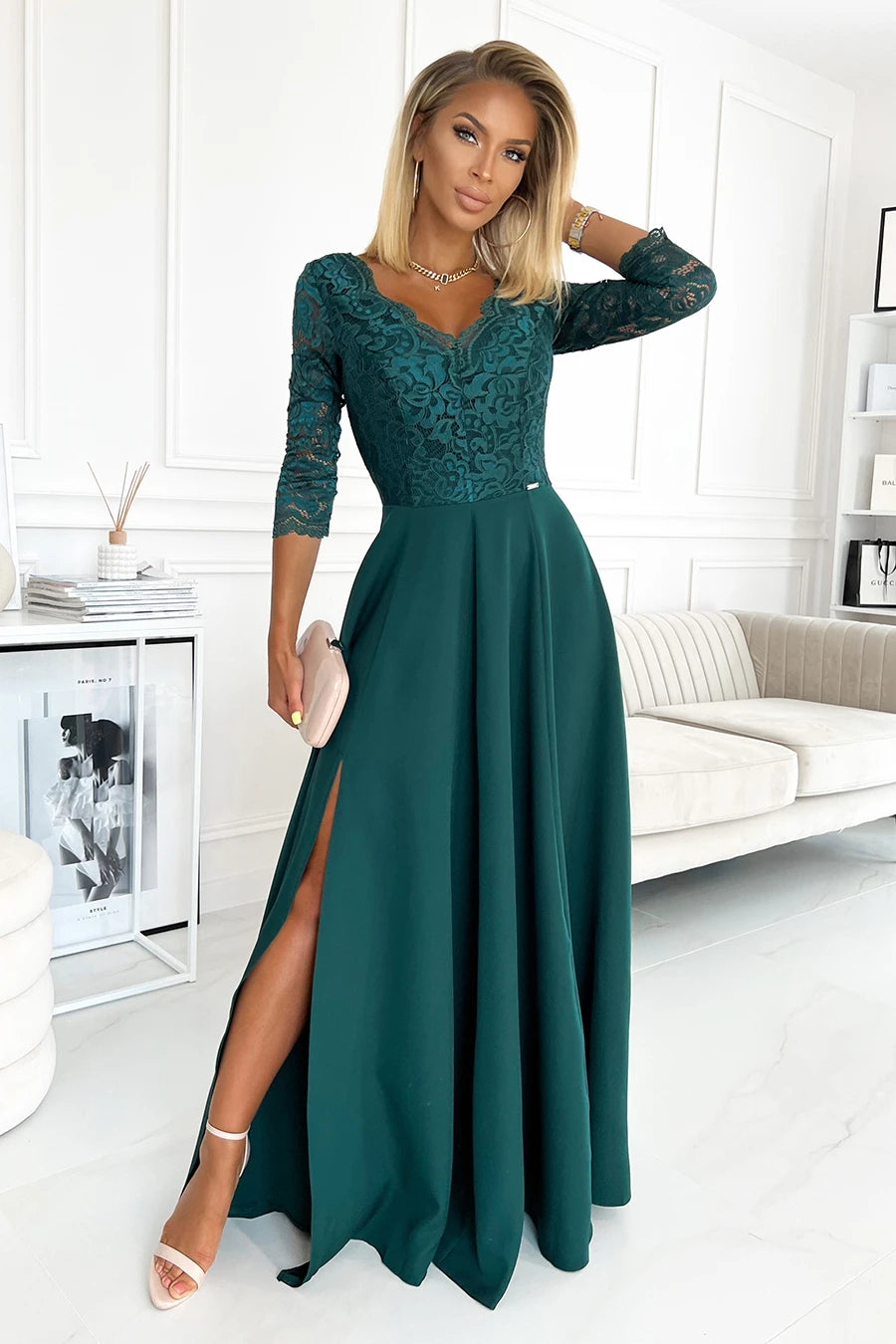 AMBER elegant lace long dress with a neckline – Green