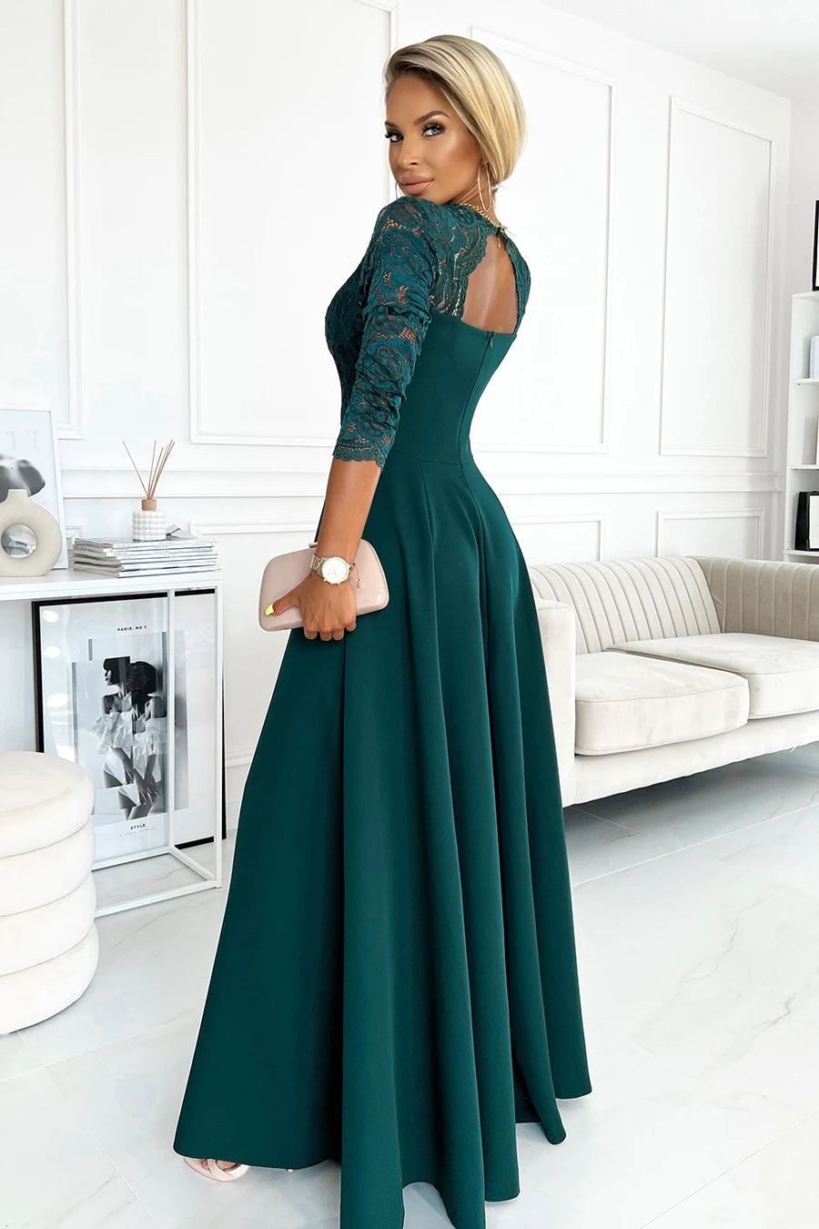 AMBER elegant lace long dress with a neckline – Green