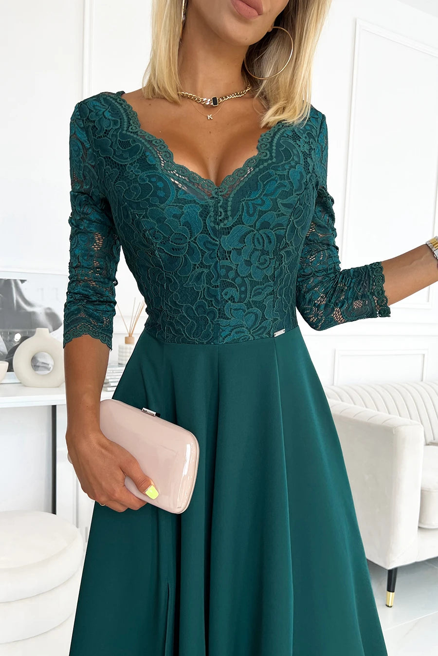AMBER elegant lace long dress with a neckline – Green