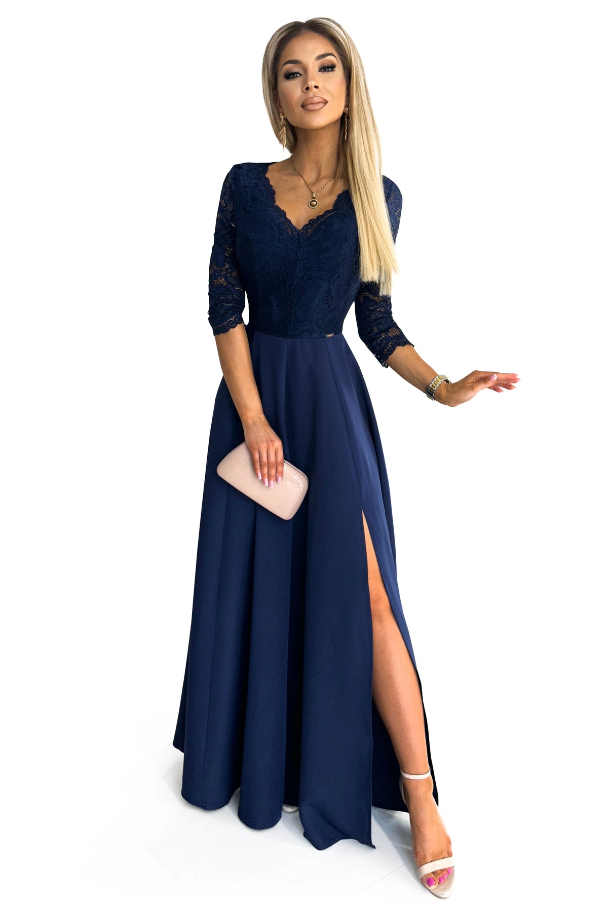 AMBER elegant lace long dress with a neckline – Navy Blue