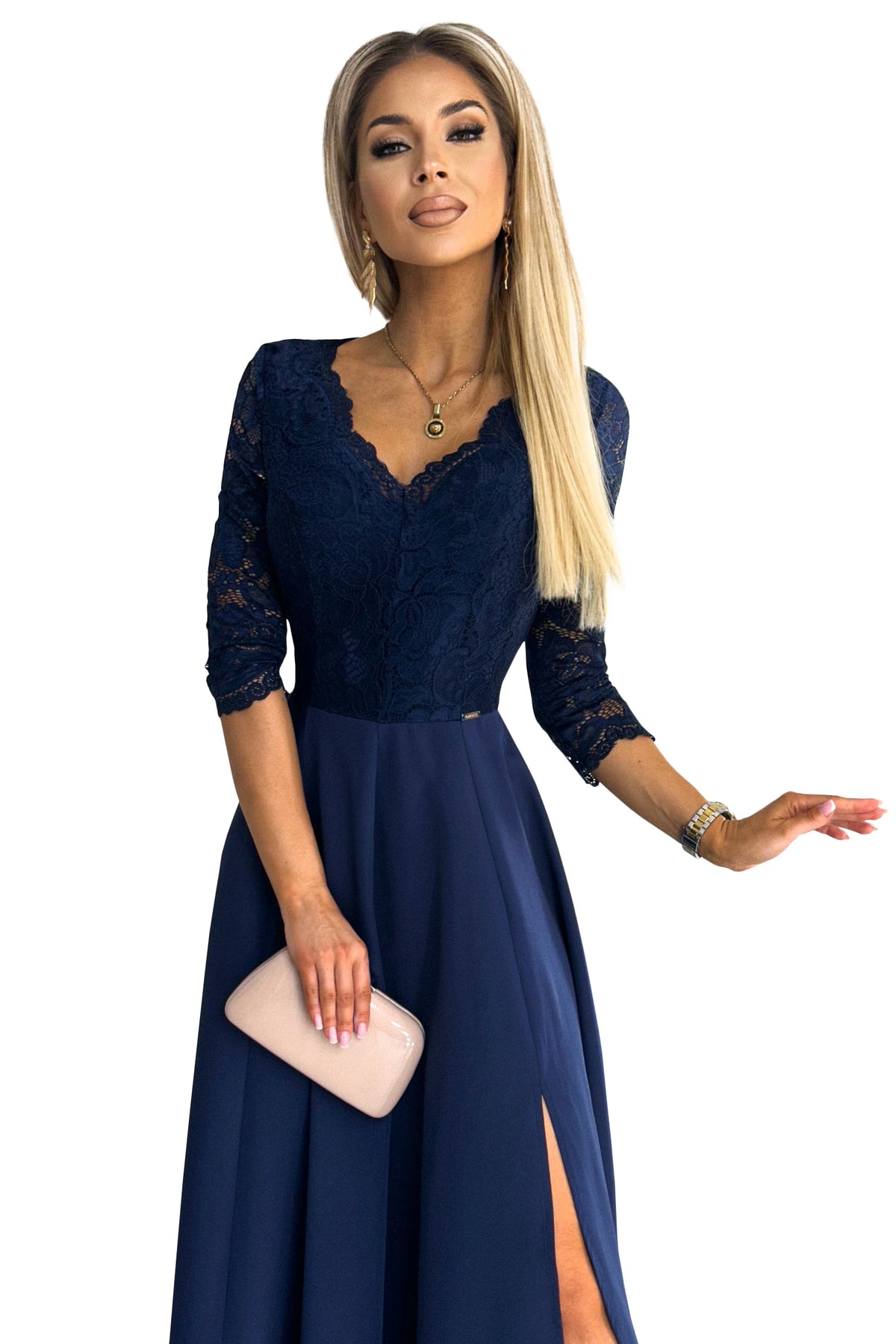 AMBER elegant lace long dress with a neckline – Navy Blue