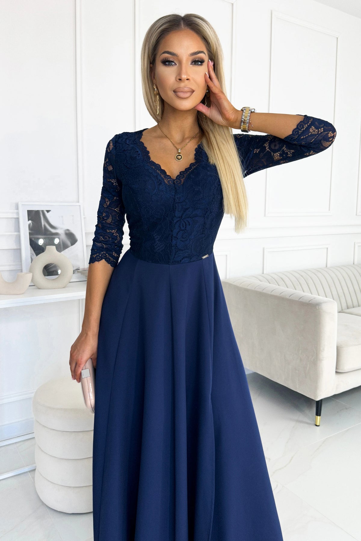 AMBER elegant lace long dress with a neckline – Navy Blue