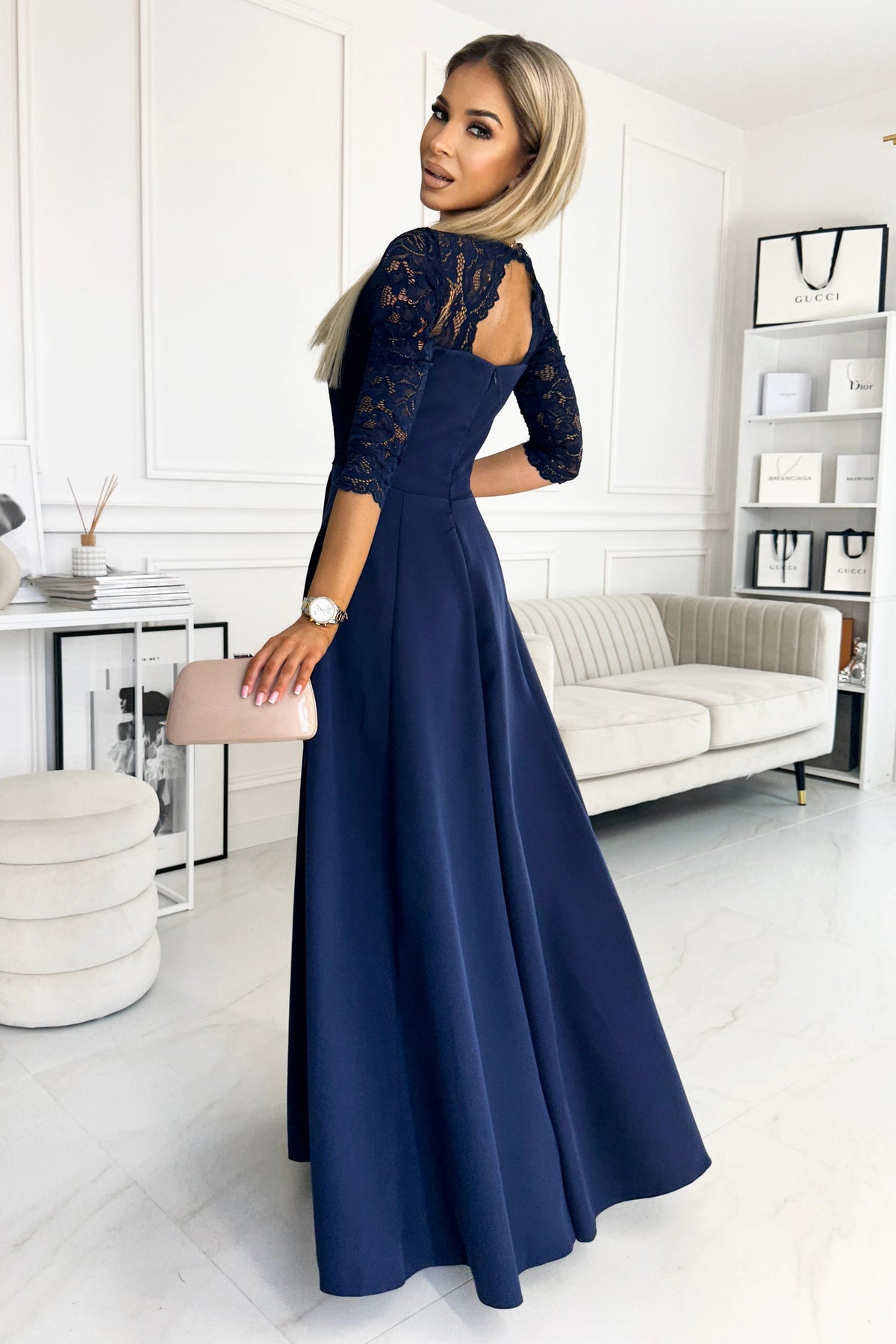 AMBER elegant lace long dress with a neckline – Navy Blue