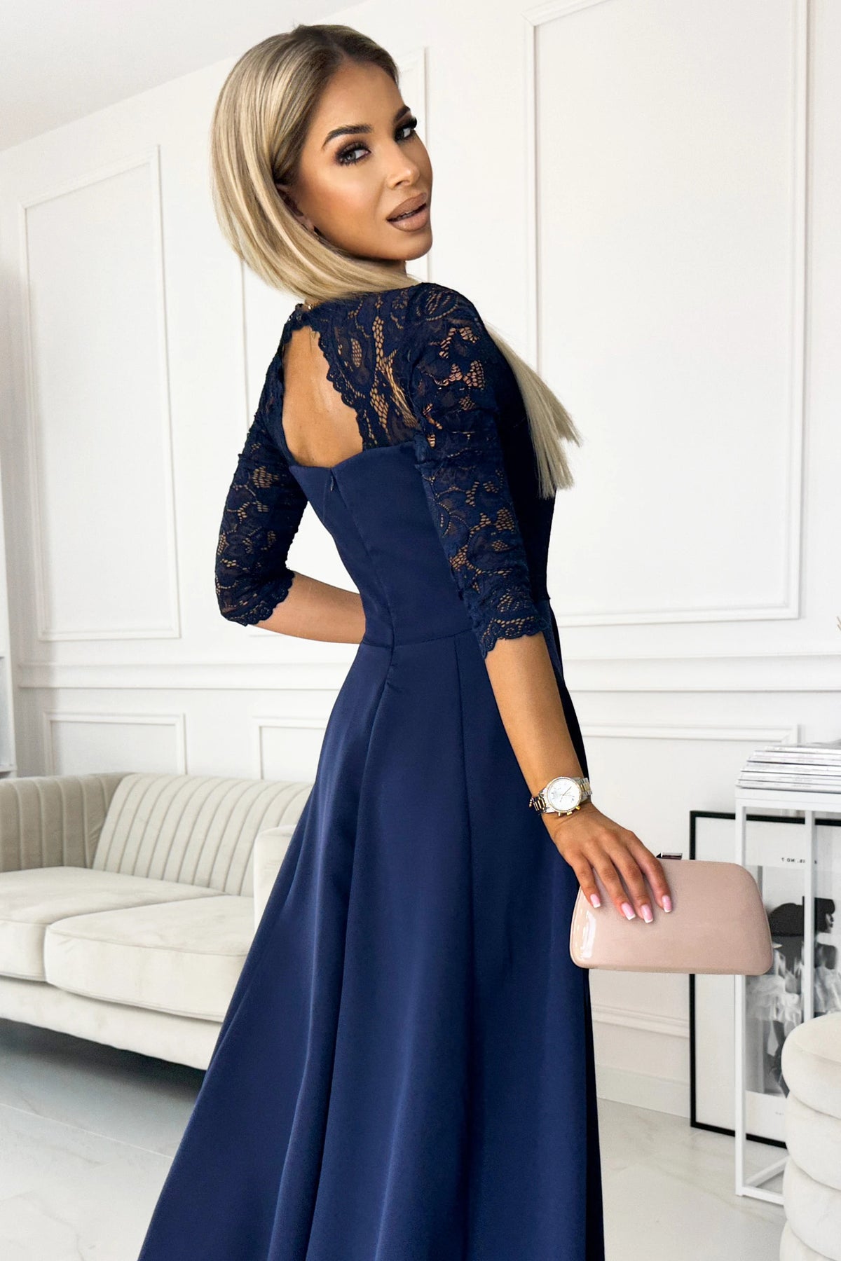 AMBER elegant lace long dress with a neckline – Navy Blue