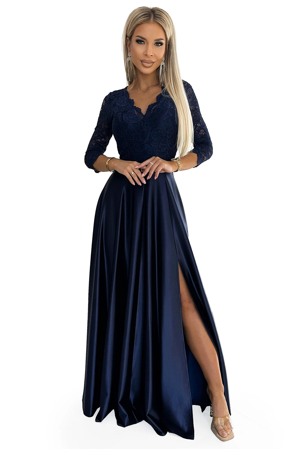 AMBER Lace and Satin Maxi Dress – Dark Blue