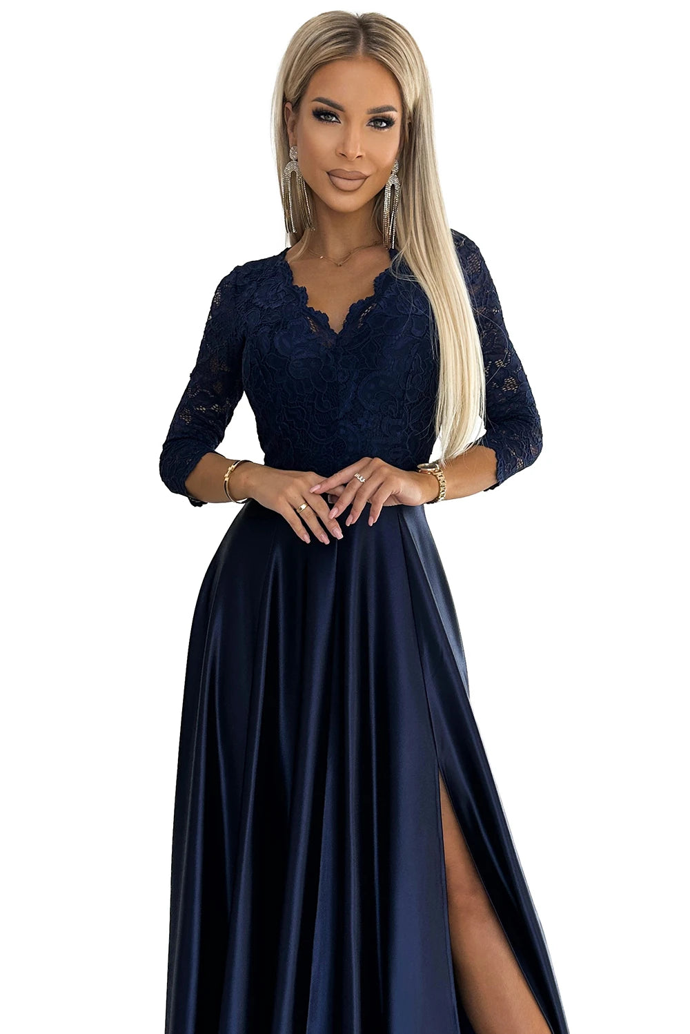 AMBER Lace and Satin Maxi Dress – Dark Blue
