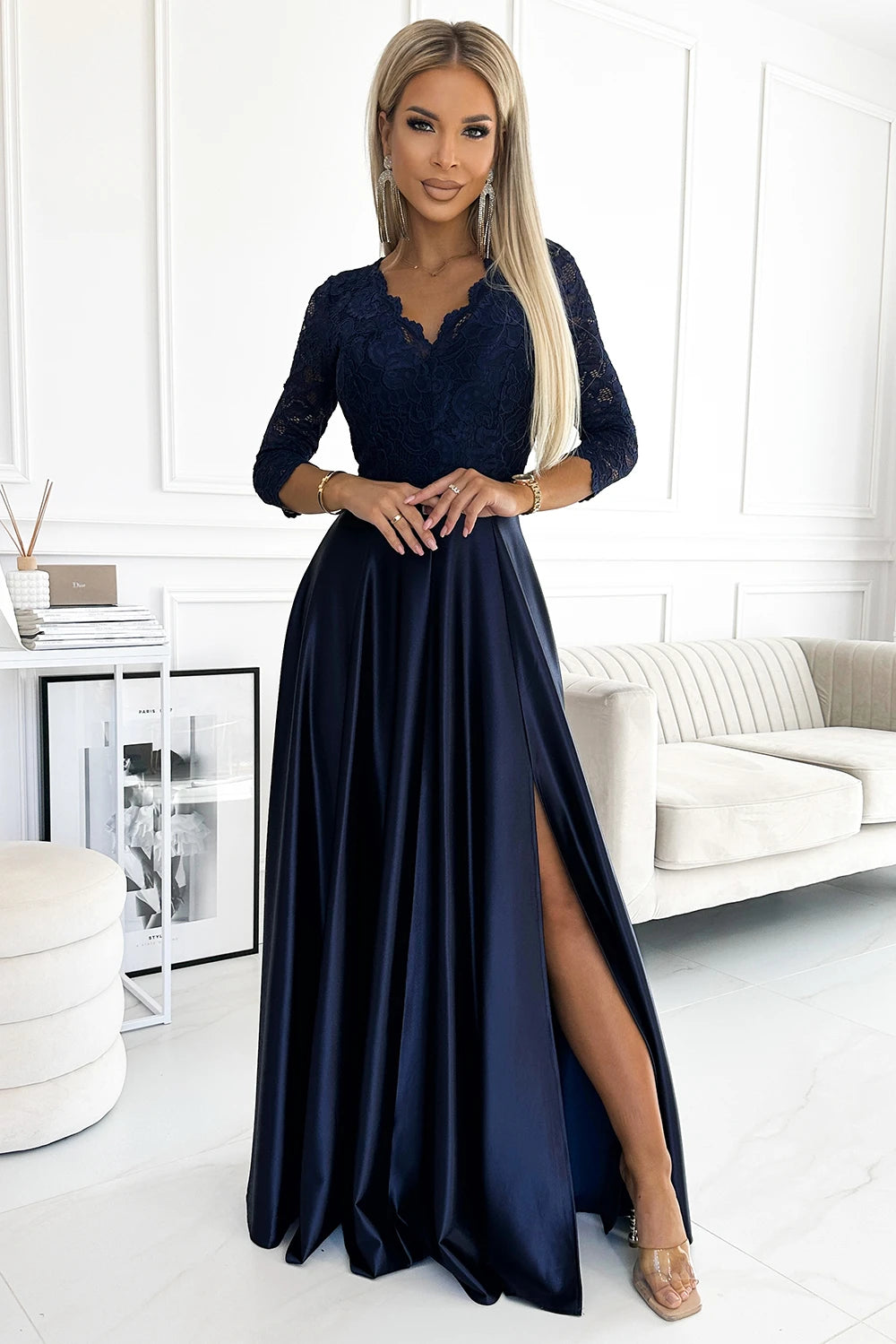 AMBER Lace and Satin Maxi Dress – Dark Blue