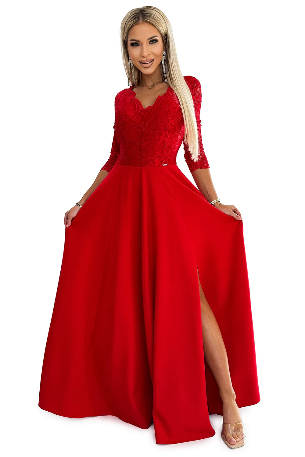 AMBER lace, elegant long dress with a neckline and leg slit – Red