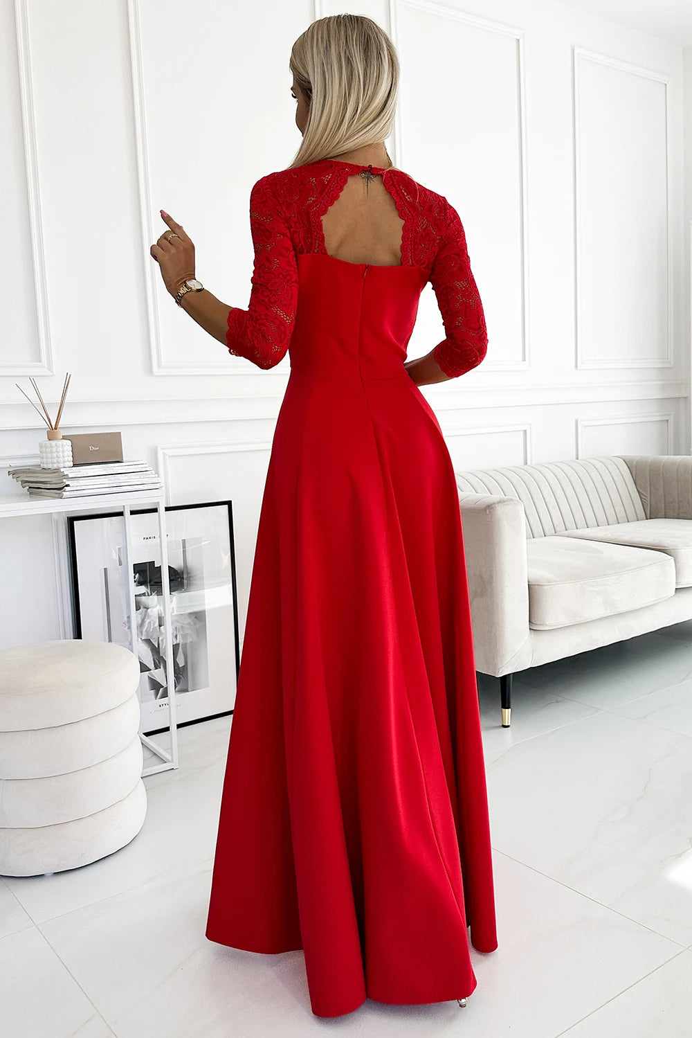 AMBER lace, elegant long dress with a neckline and leg slit – Red