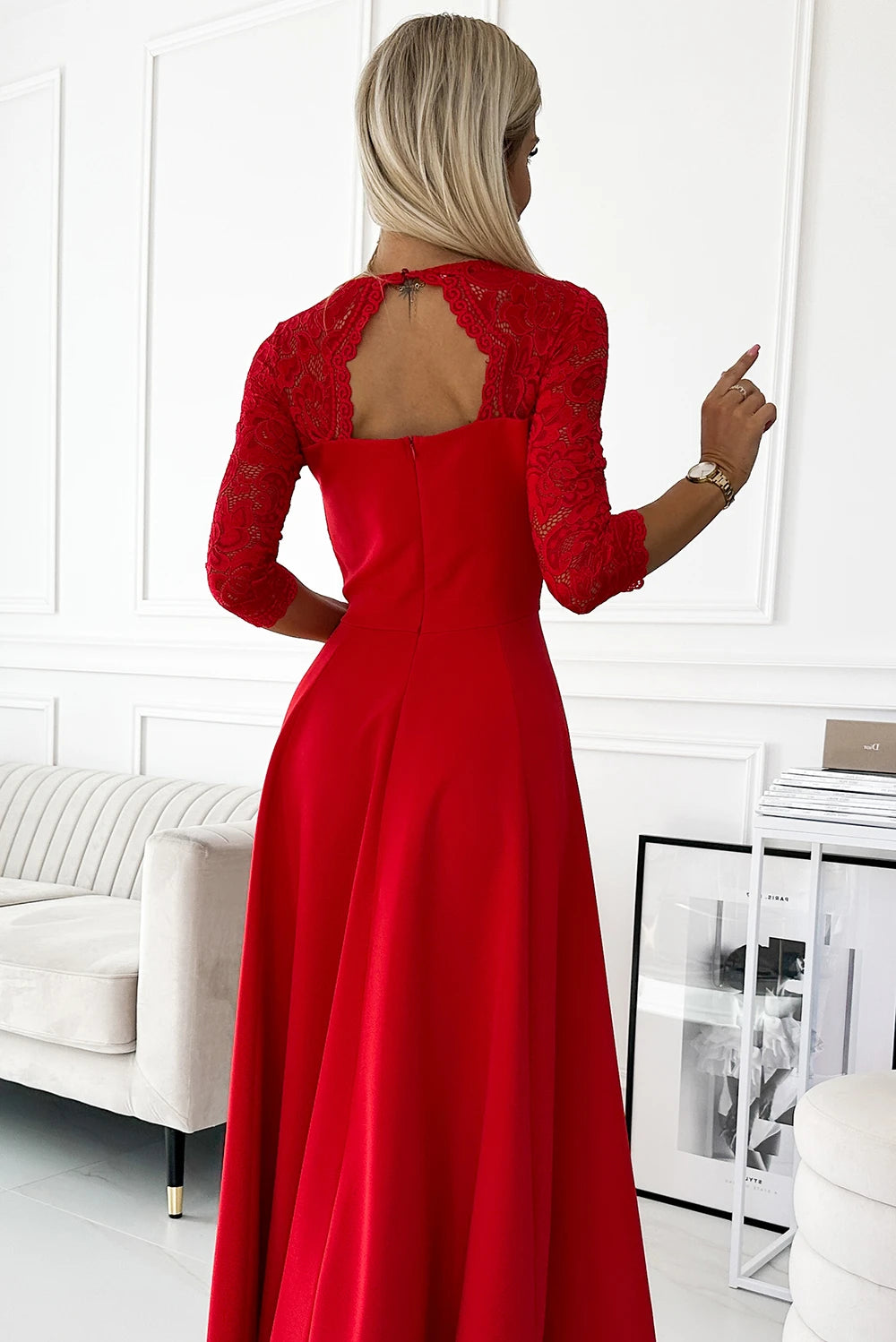 AMBER lace, elegant long dress with a neckline and leg slit – Red