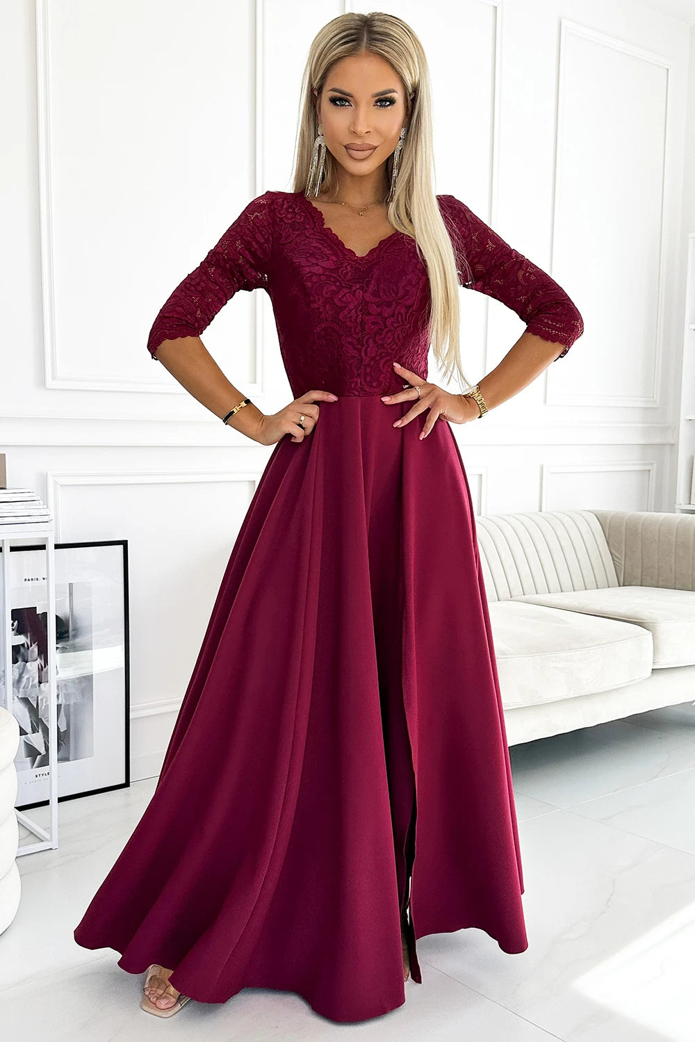 AMBER elegant long maxi dress with lace neckline – Burgundy