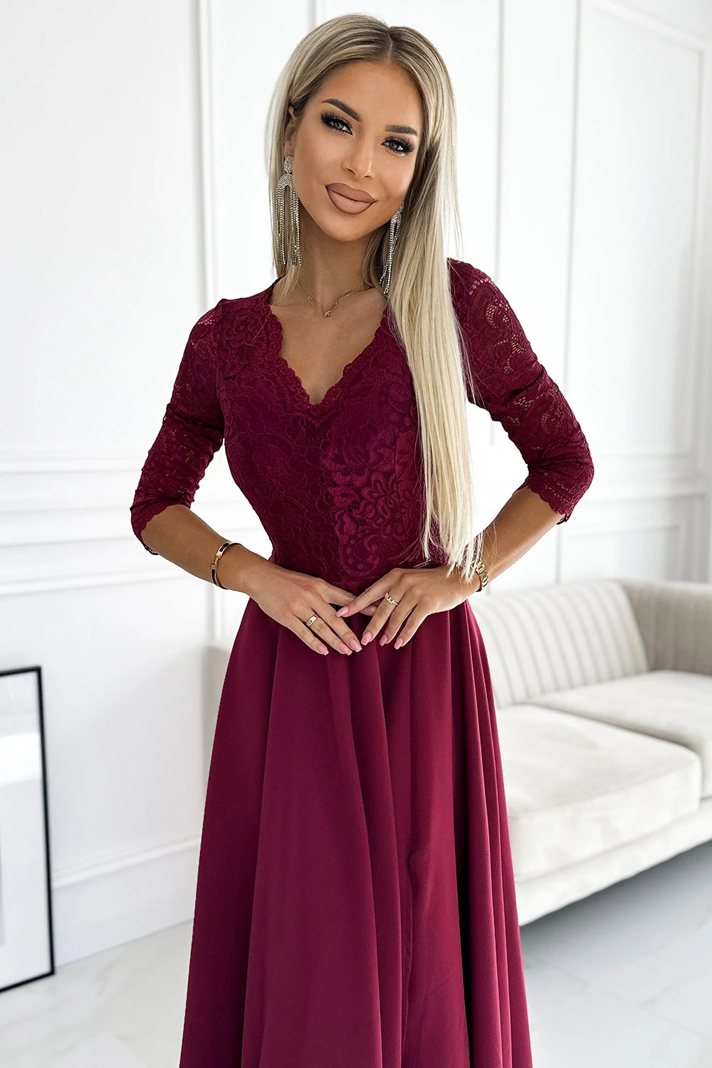 AMBER elegant long maxi dress with lace neckline – Burgundy