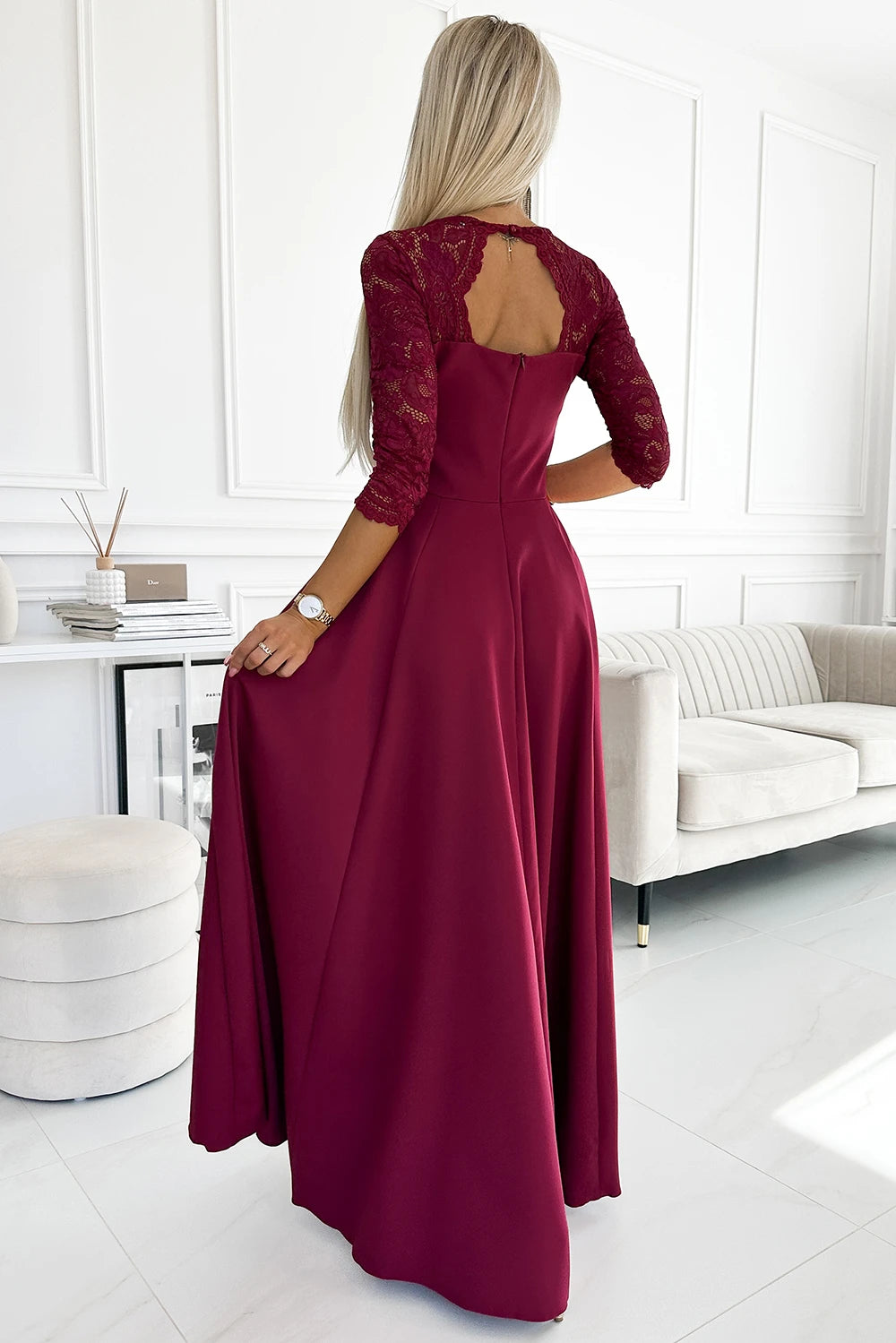 AMBER elegant long maxi dress with lace neckline – Burgundy