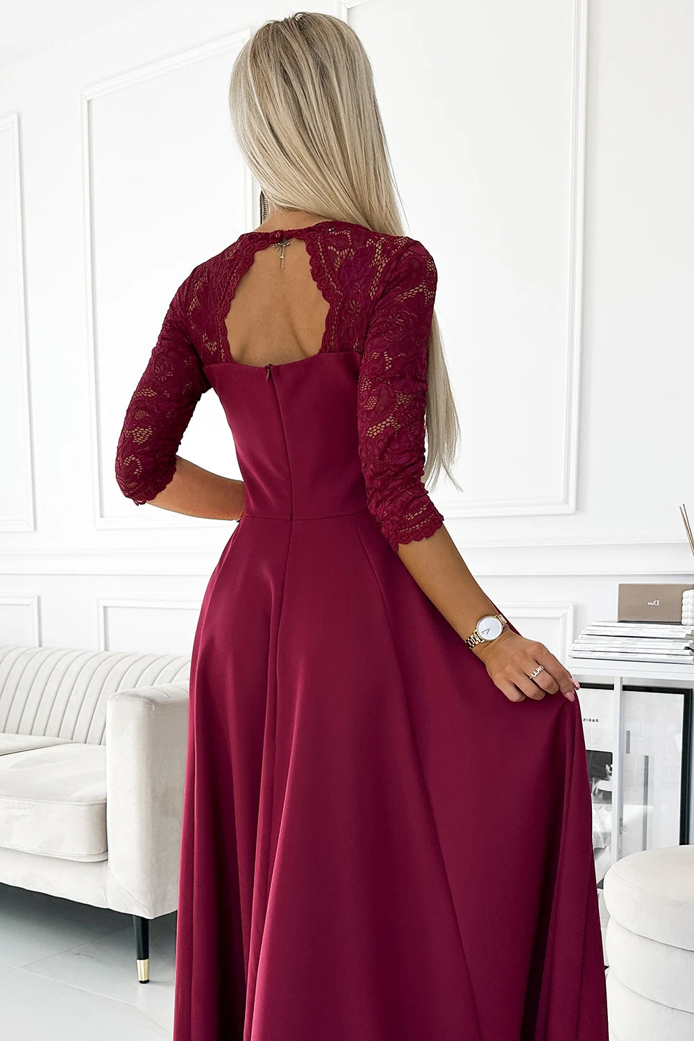 AMBER elegant long maxi dress with lace neckline – Burgundy
