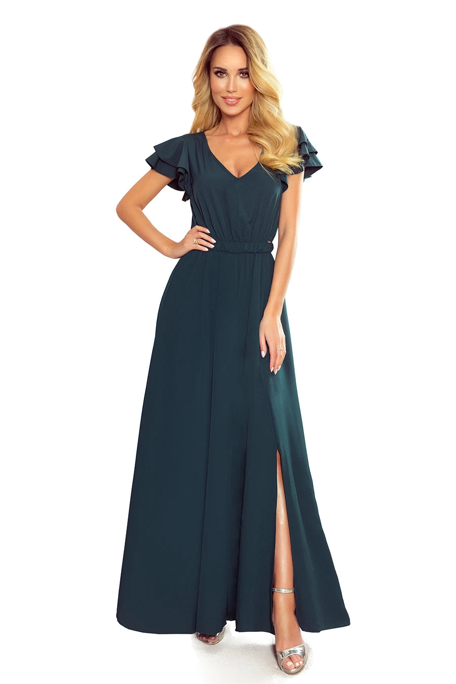 LIDIA long dress with neckline and frills – Green