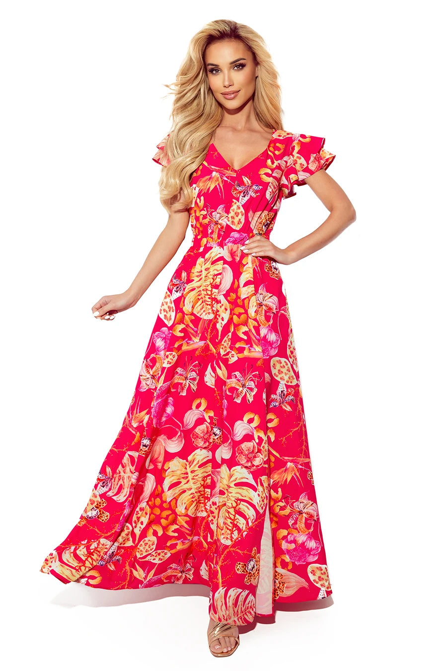 LIDIA long dress with neckline and frills – Pink With Flowers