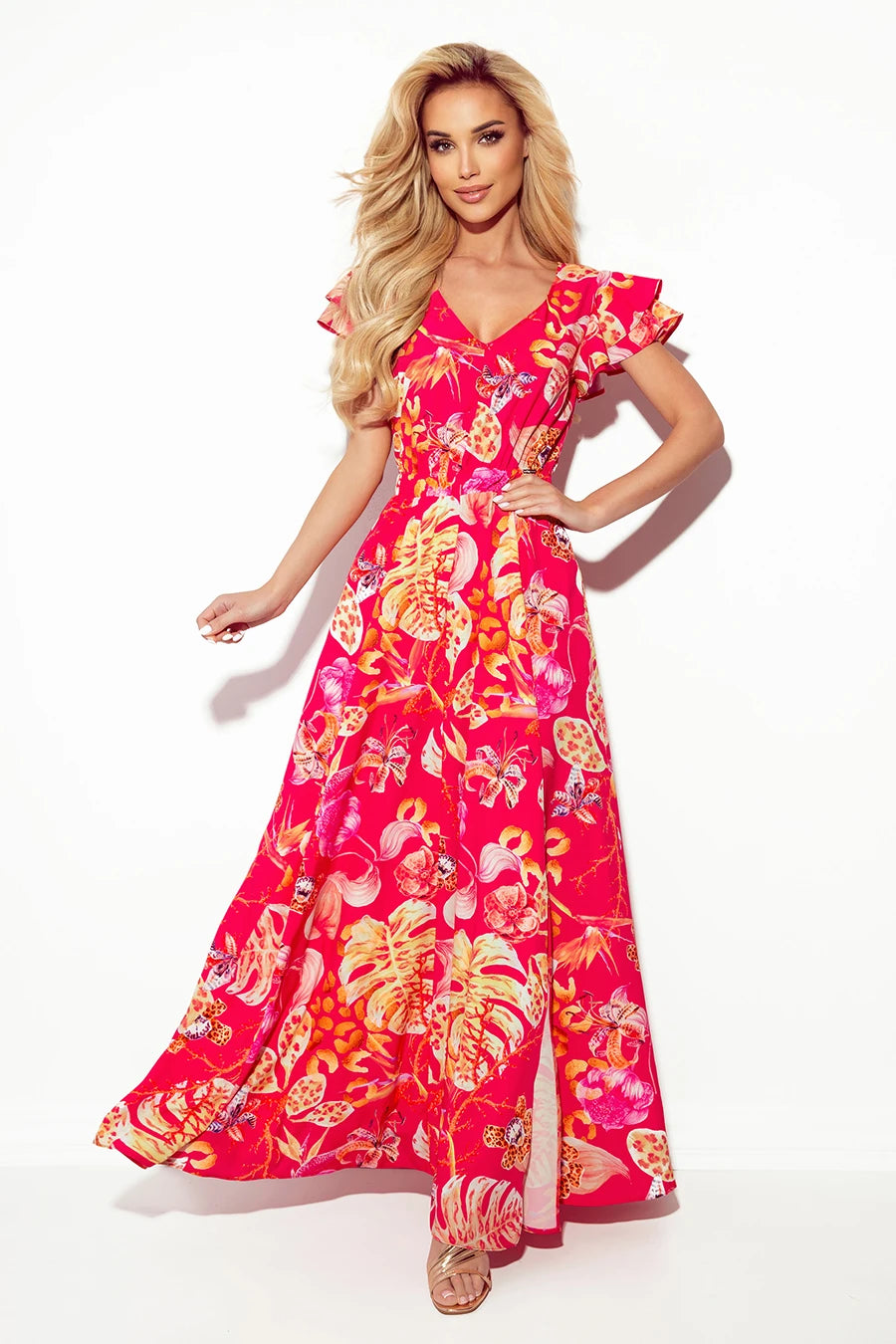 LIDIA long dress with neckline and frills – Pink With Flowers