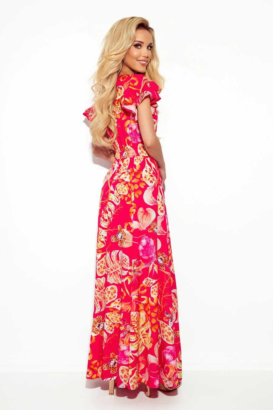 LIDIA long dress with neckline and frills – Pink With Flowers