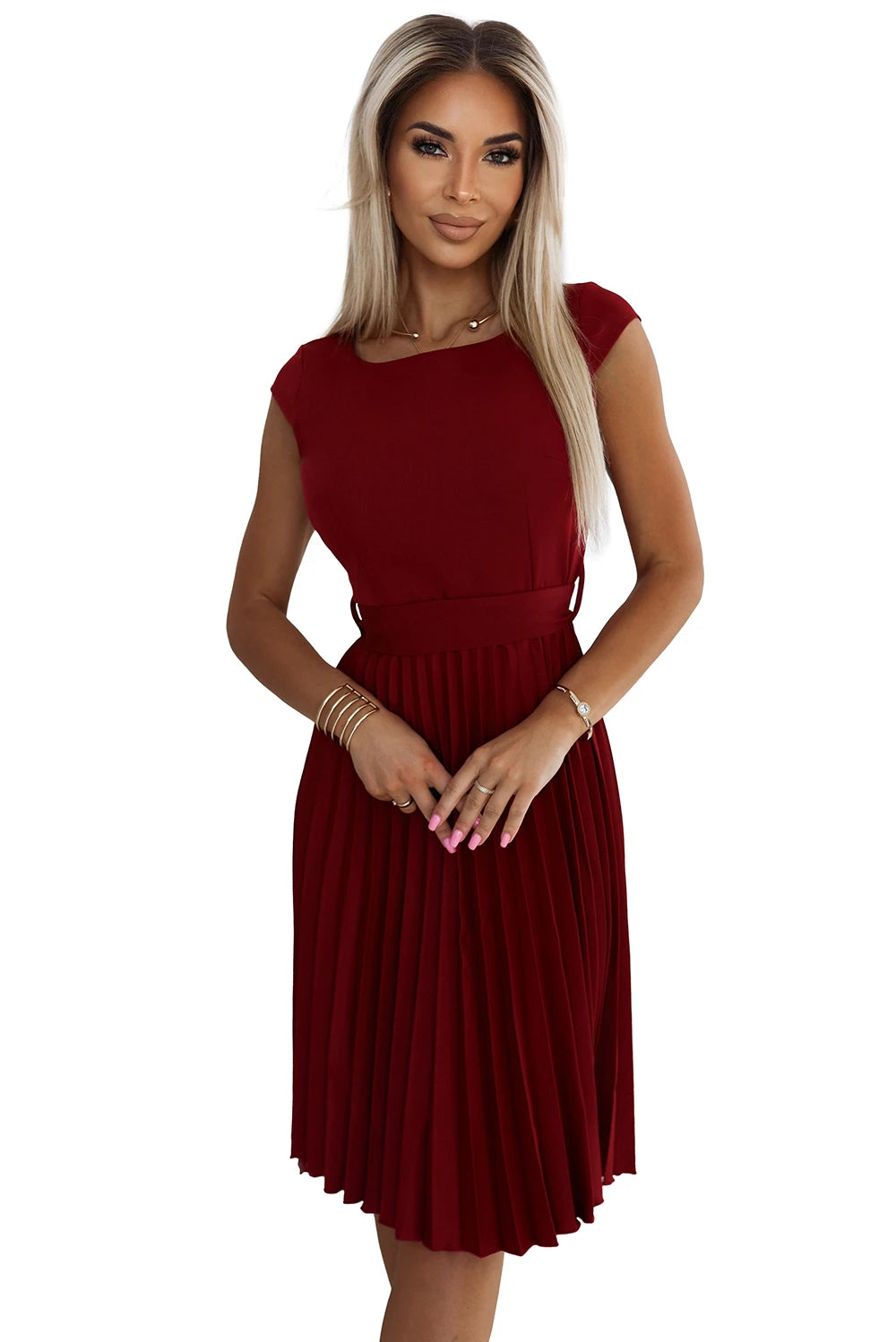 Antresola 2L LILA Pleated dress with short sleeves – Color Burgundy