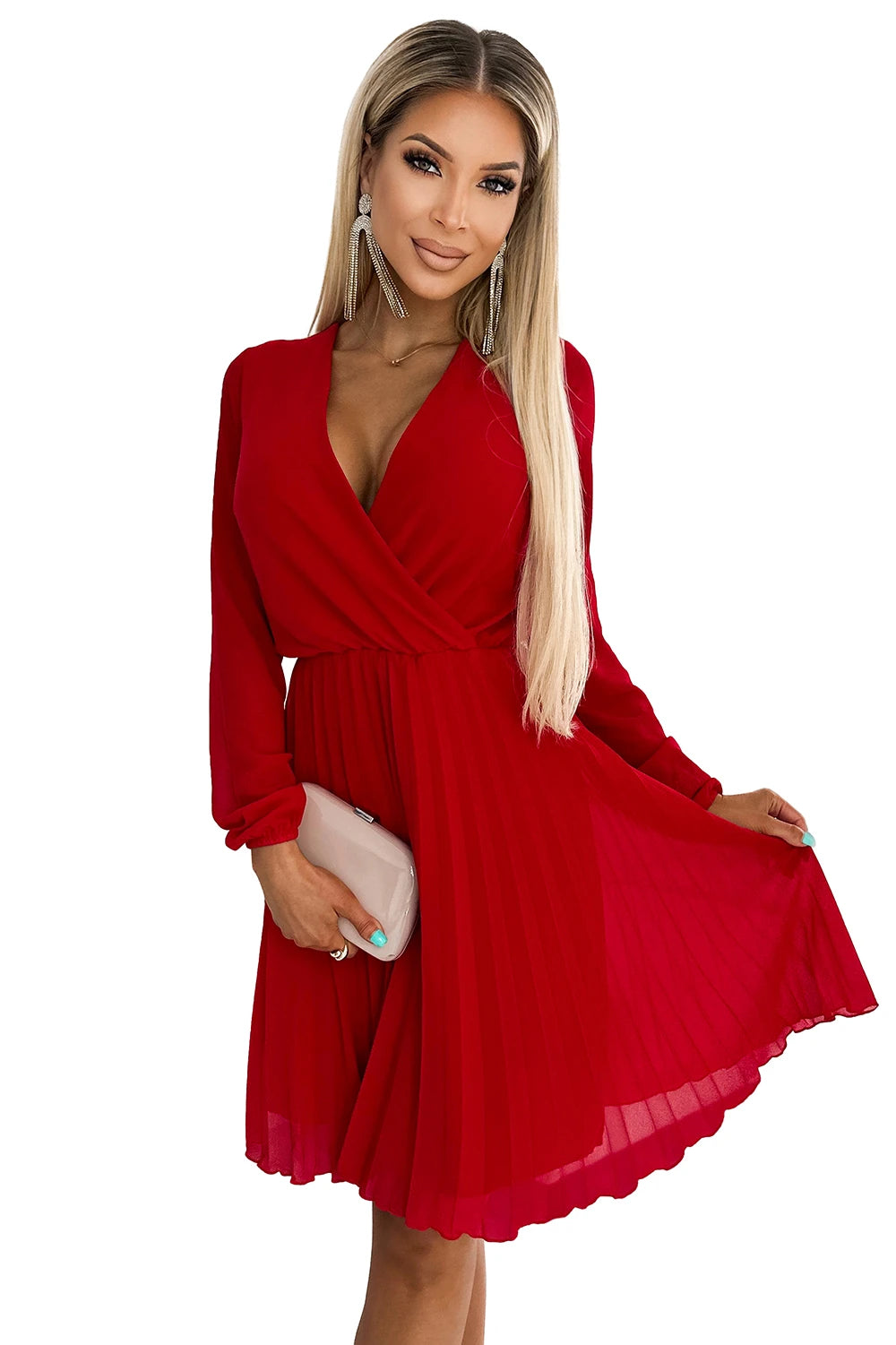 LIMITED ISABELLE Pleated dress with long sleeves and envelope neckline – Red