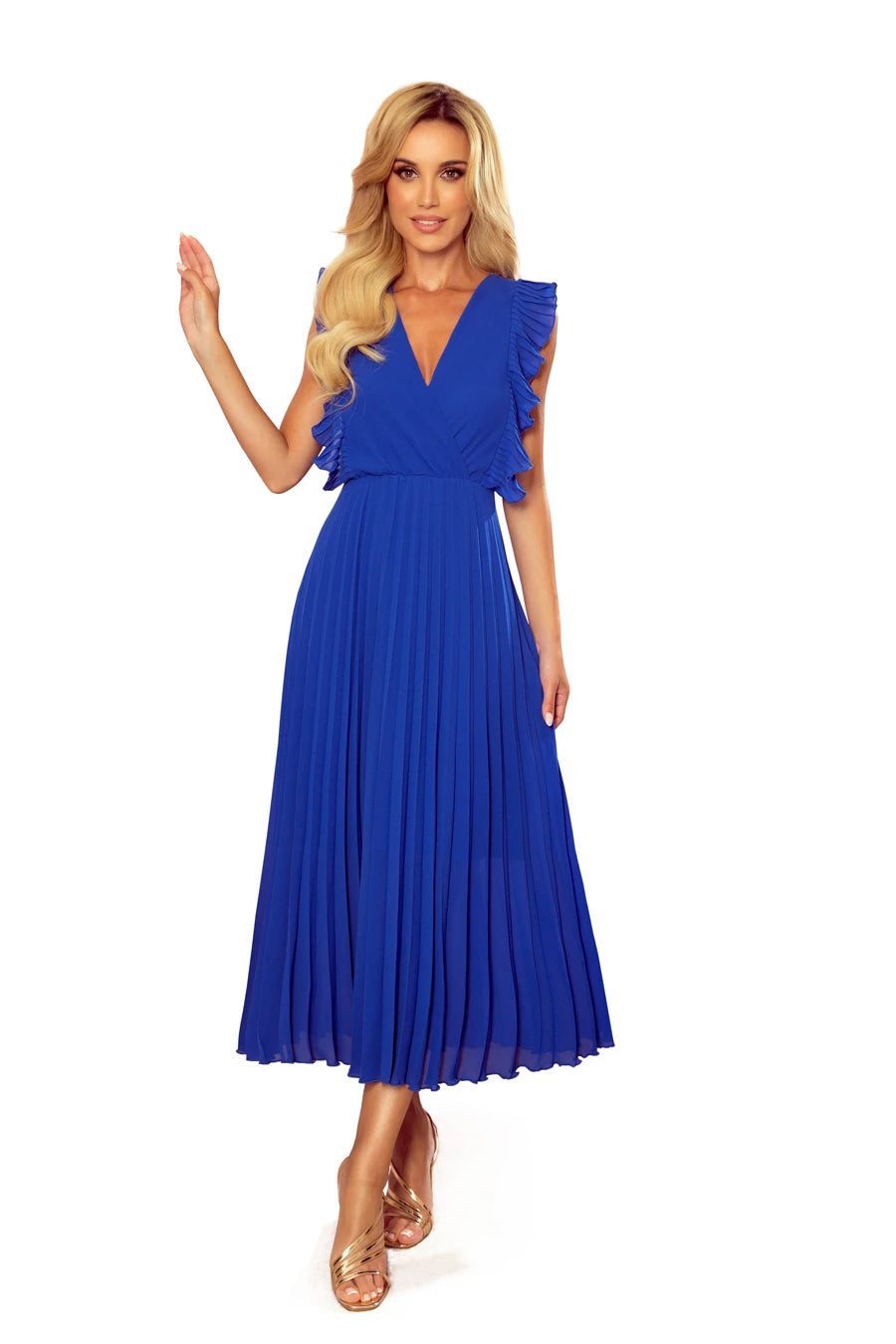 EMILY Pleated dress with frills and neckline – Blue