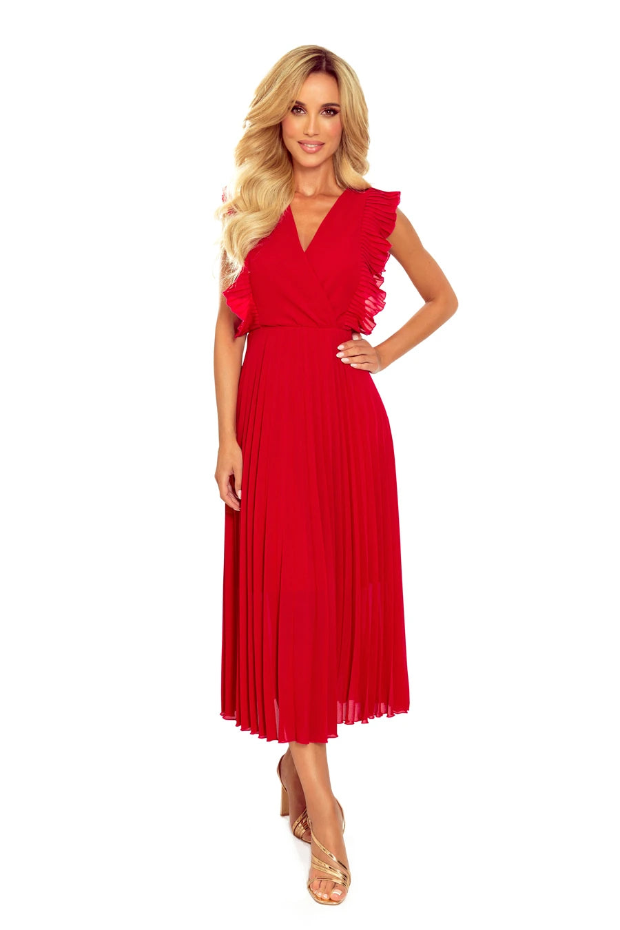 EMILY Pleated dress with frills and neckline – Red