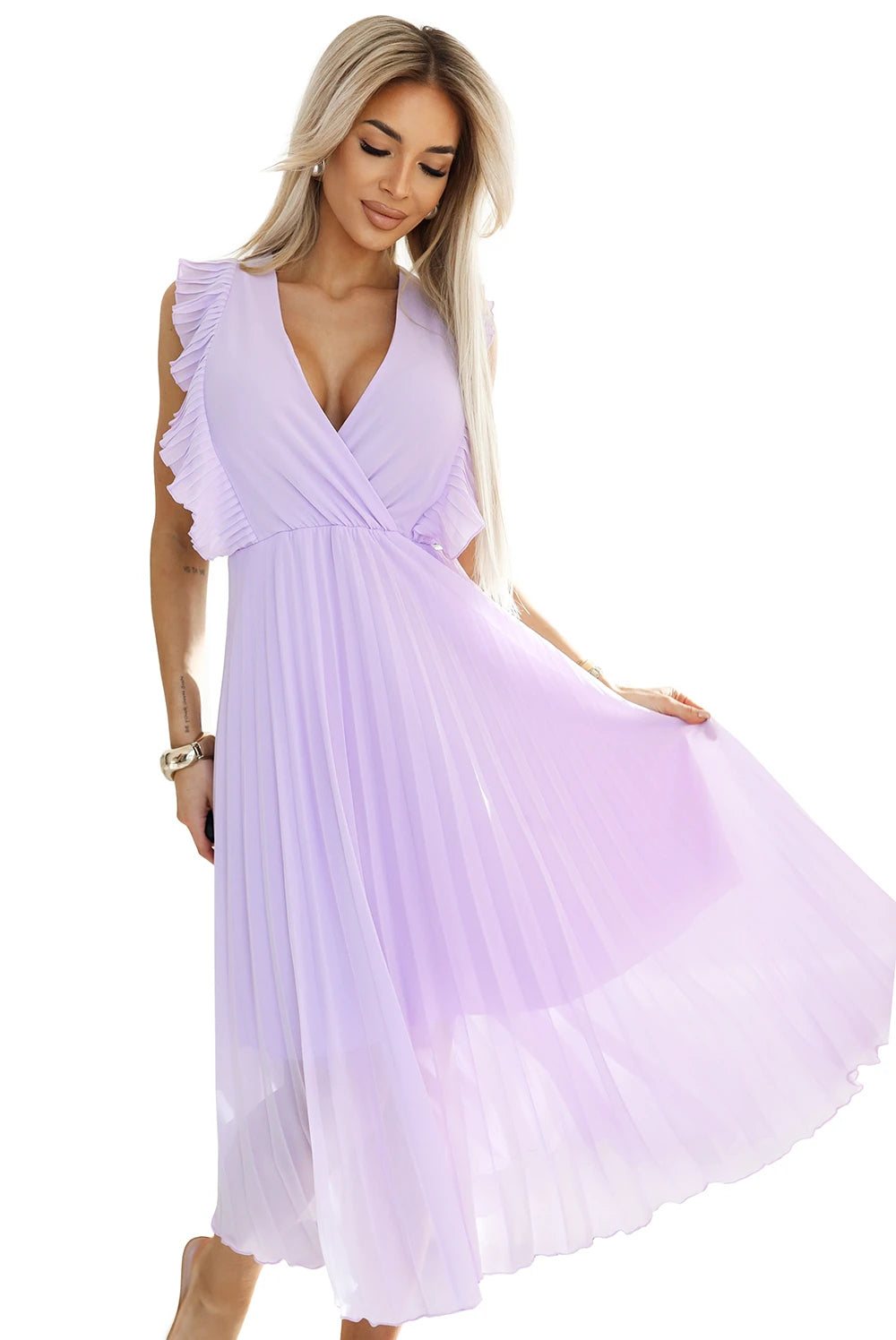 EMILY Pleated dress with frills and neckline – Heather Color