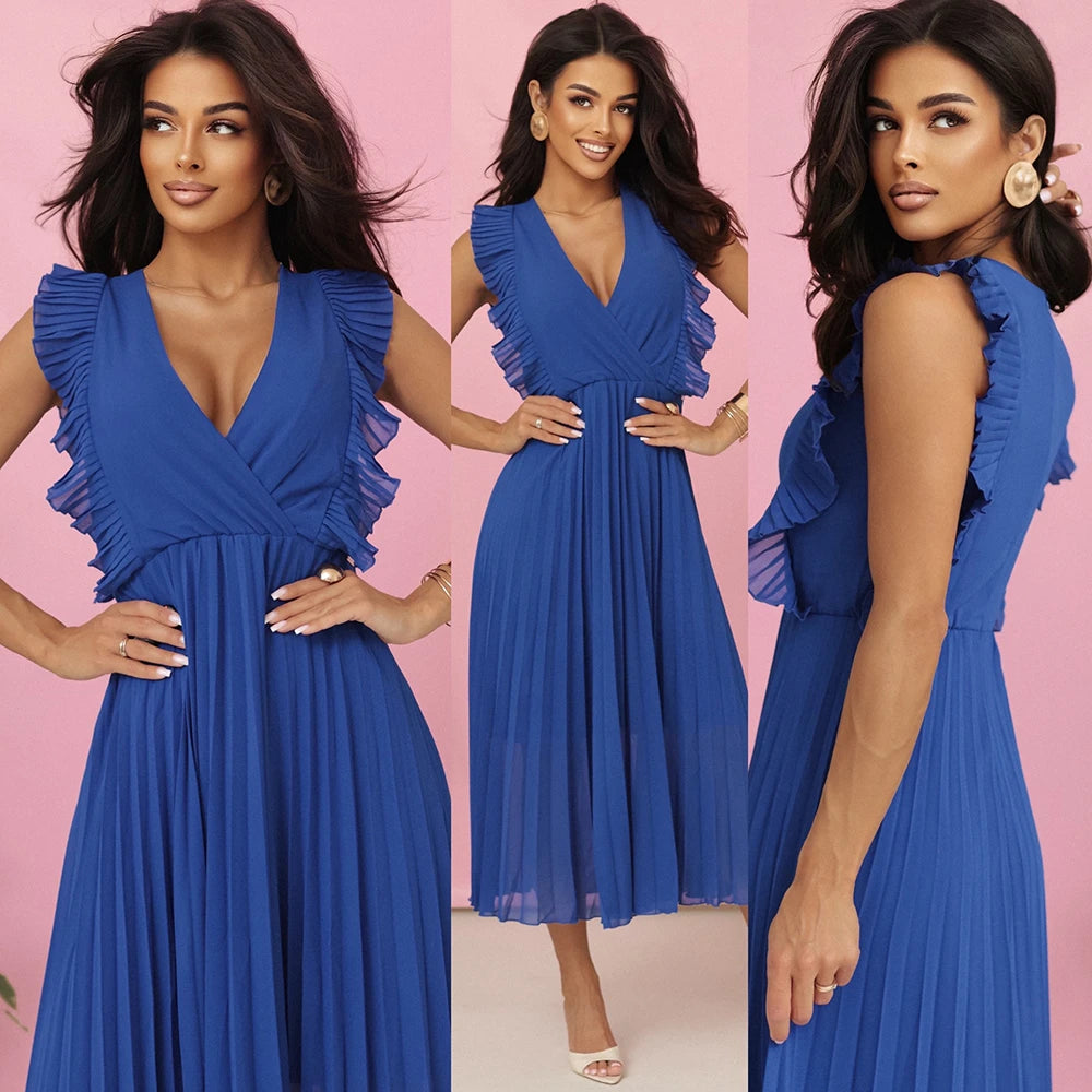EMILY Pleated dress with ruffles and neckline – Cornflower Blue