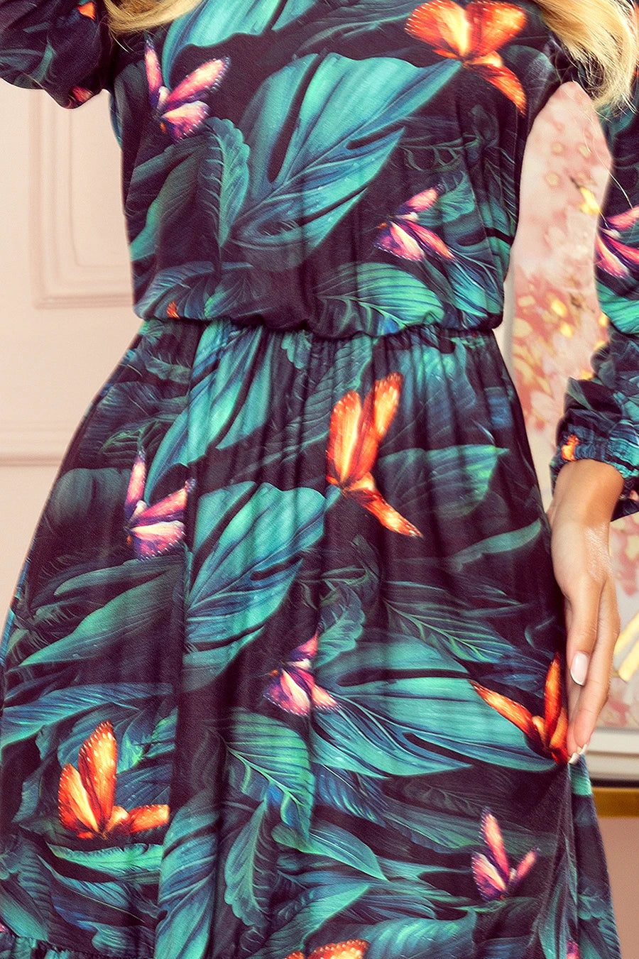 CORA dress with a neckline and a frill – Colorful BUTTERFLIES