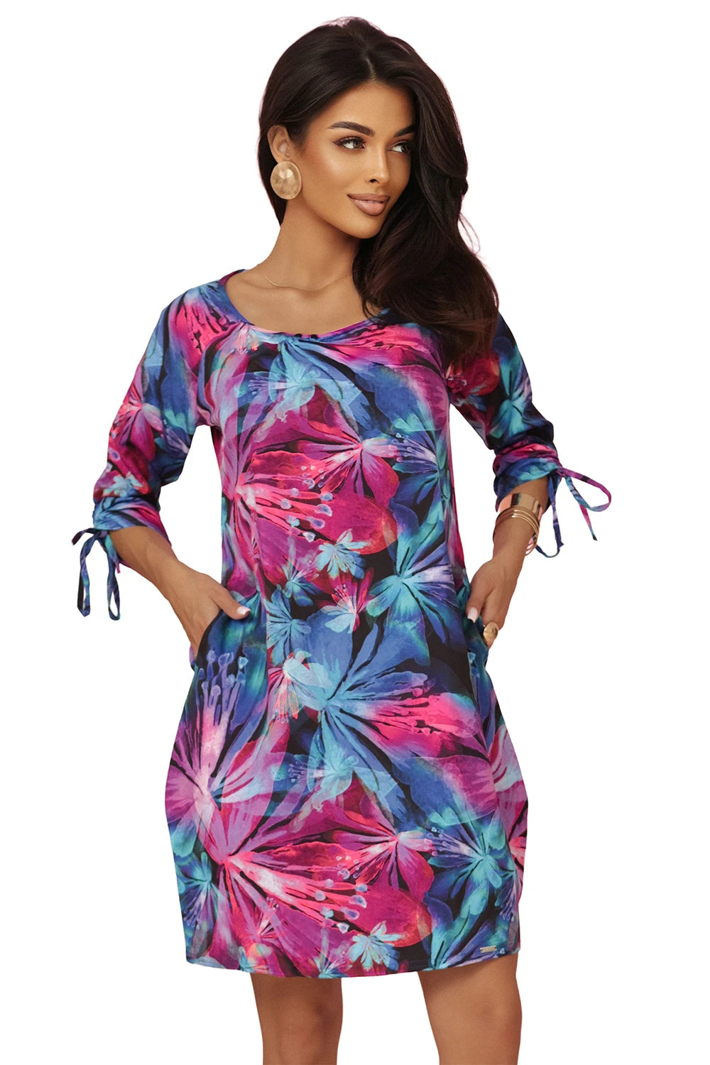 Comfortable oversized dress with ties on the sleeves – Colorful Flowers