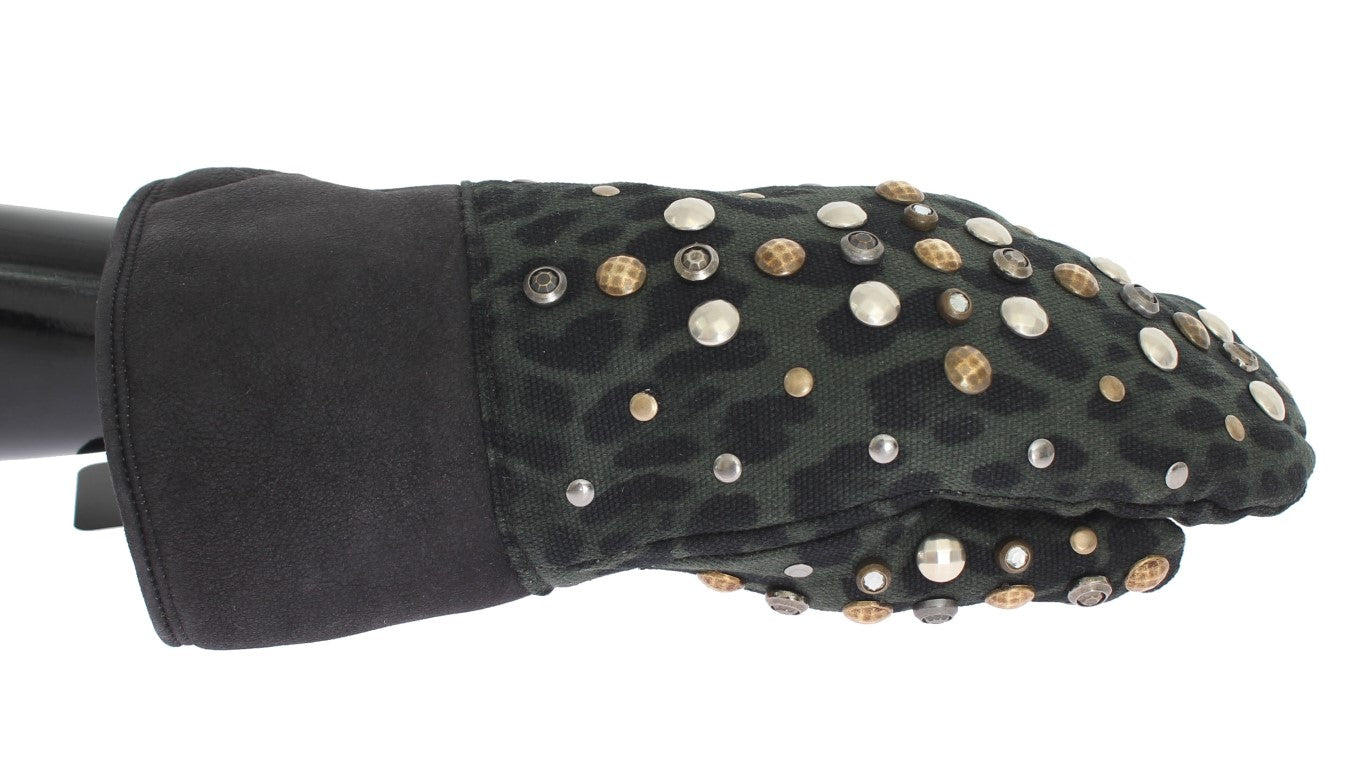 Šedé vlněné ovčí rukavice s cvočky a zeleným leopardím vzorem