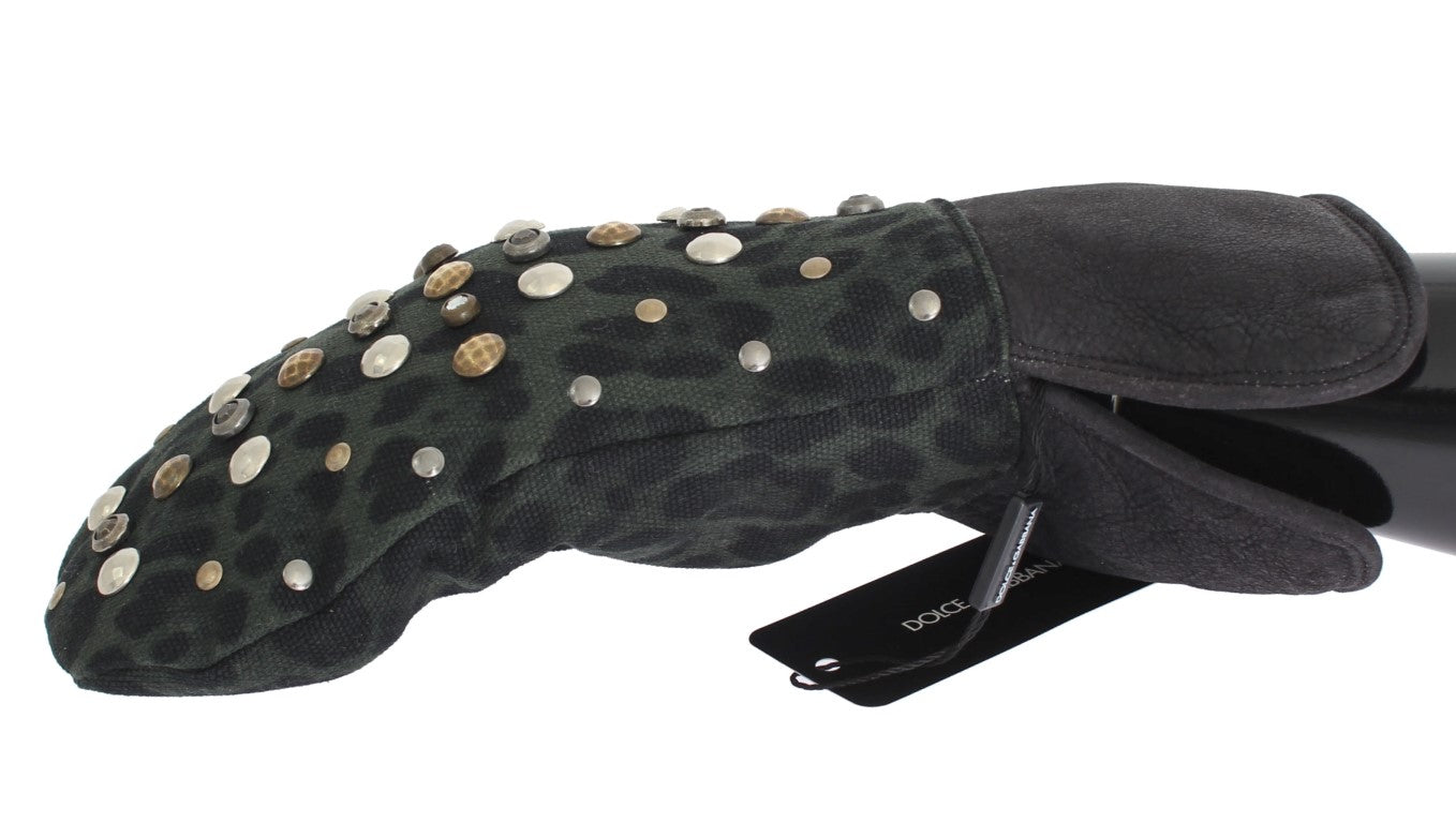 Šedé vlněné ovčí rukavice s cvočky a zeleným leopardím vzorem