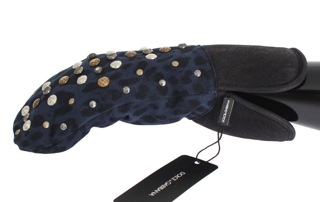 Šedé vlněné ovčí rukavice s cvočky a modrým leopardím vzorem