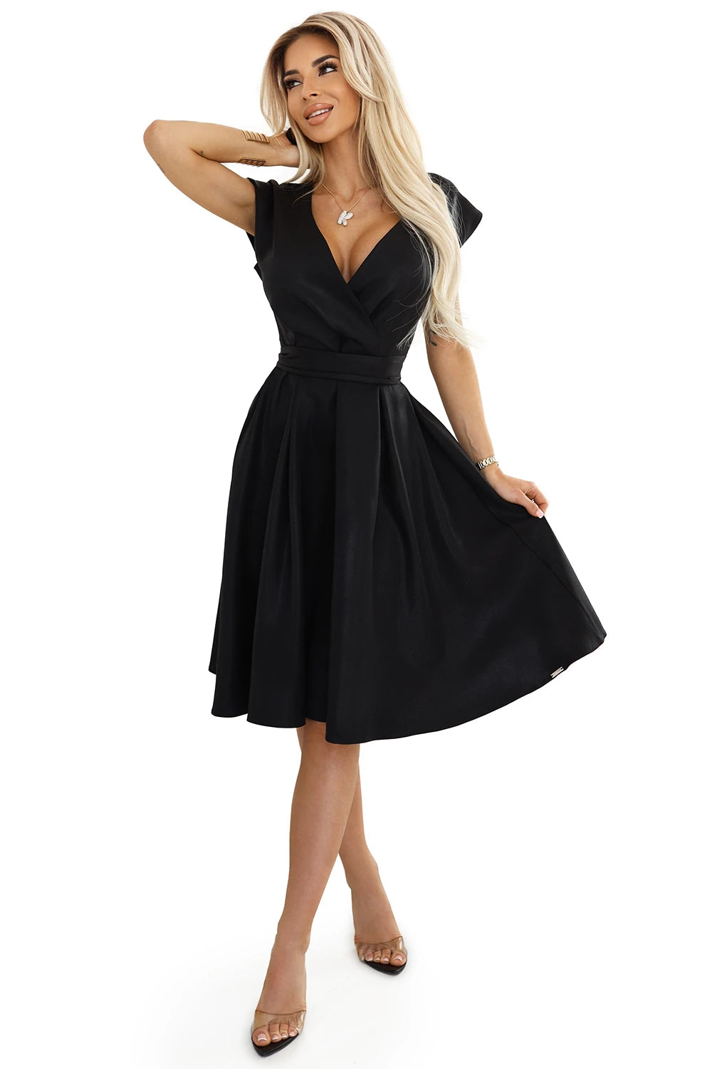 SCARLETT flared dress with a neckline – Black With Glitter