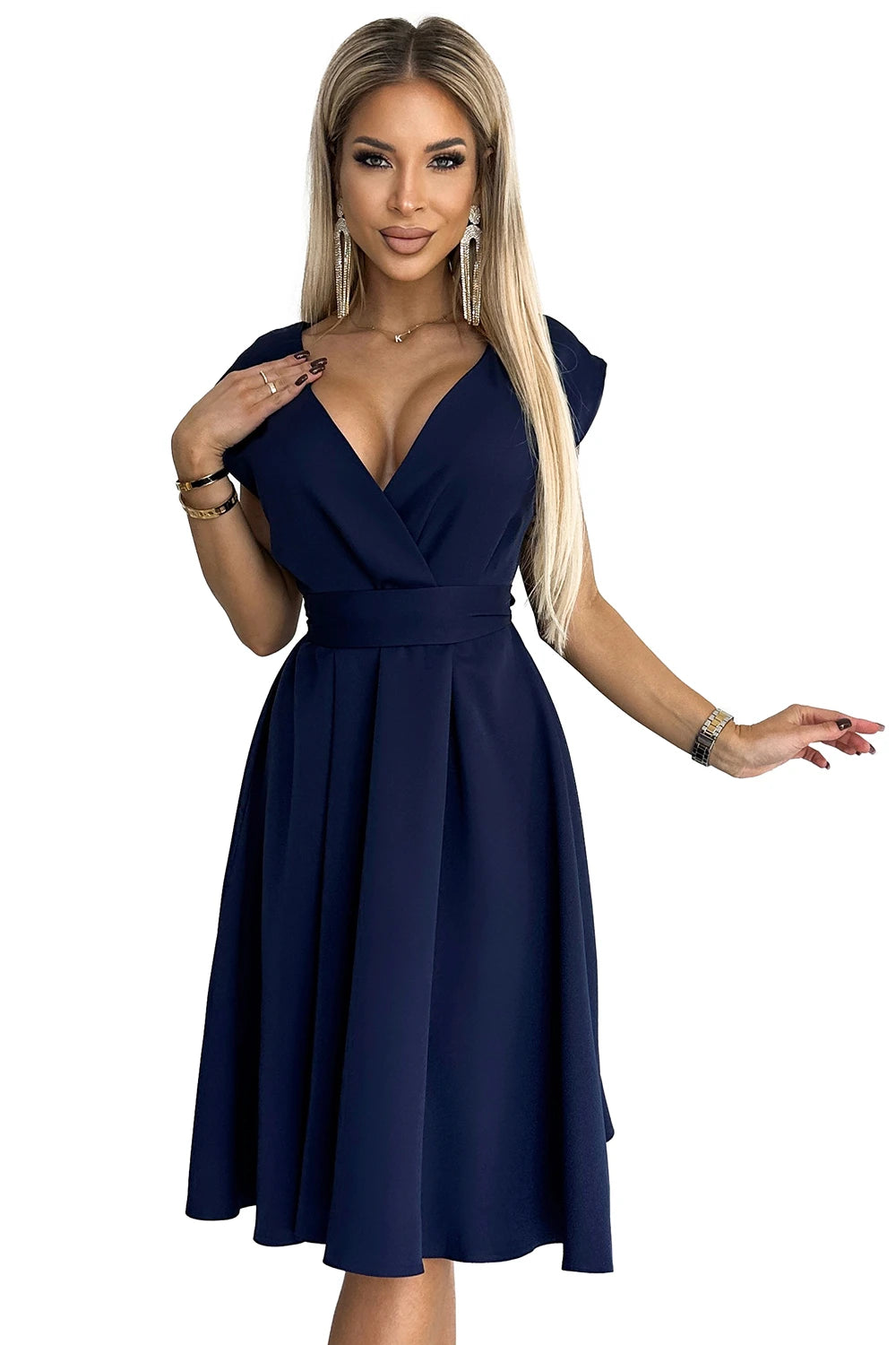 SCARLETT – flared dress with a neckline – Dark Blue