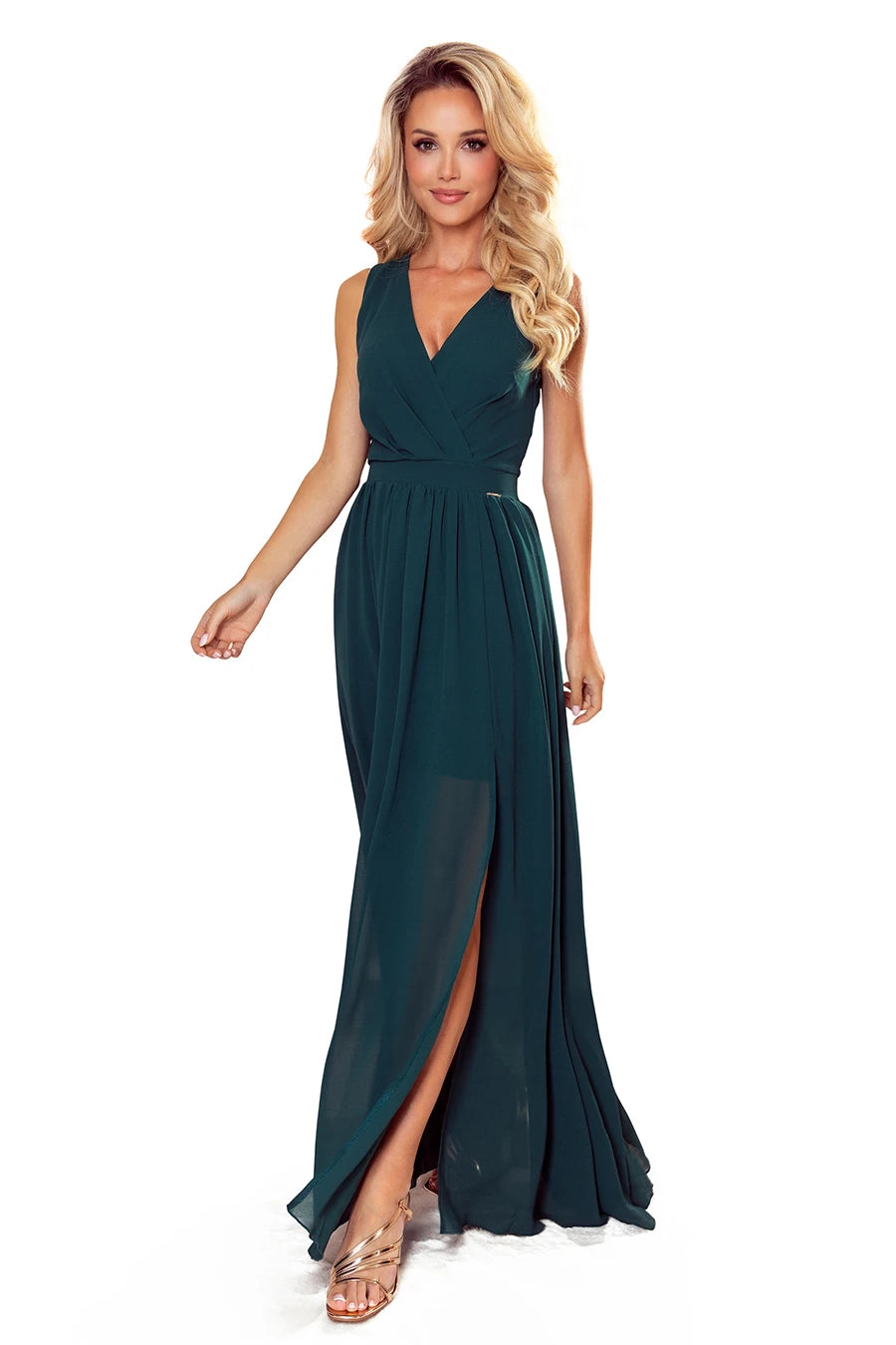 JUSTINE Long dress with a neckline and a tie – Green