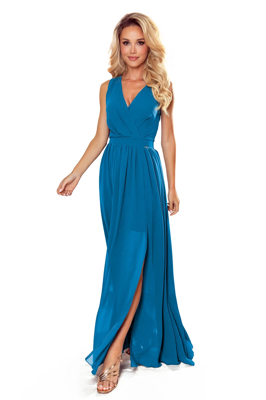 JUSTINE Long dress with a neckline and a tie – Blue