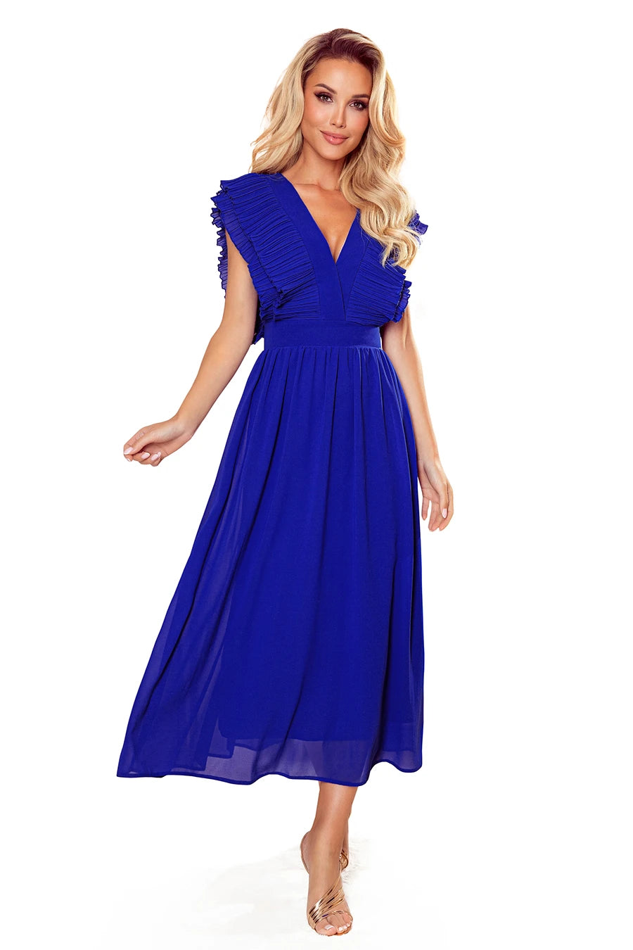 YANA Midi dress with pleated frills and a neckline – Royal Blue