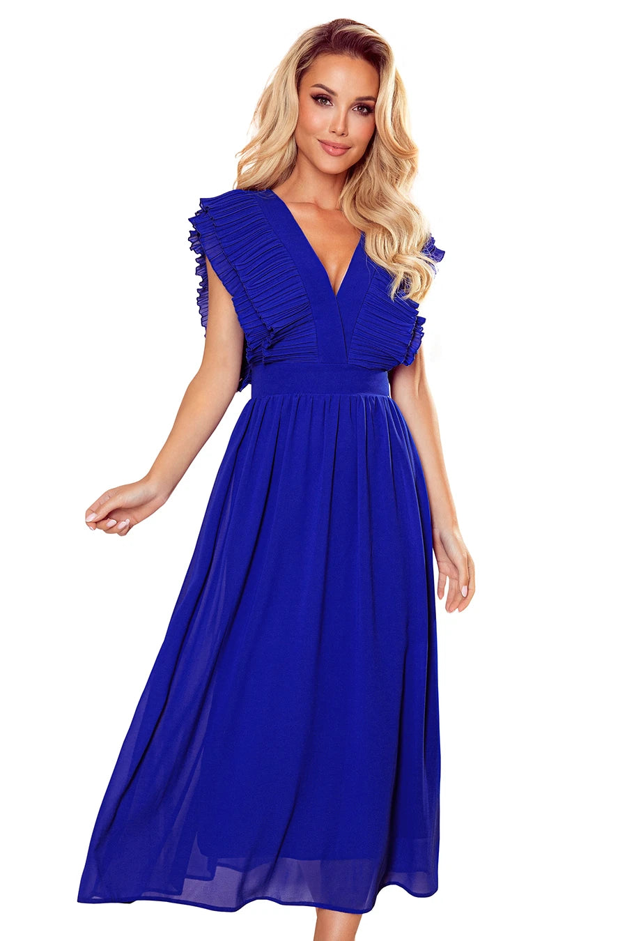 YANA Midi dress with pleated frills and a neckline – Royal Blue