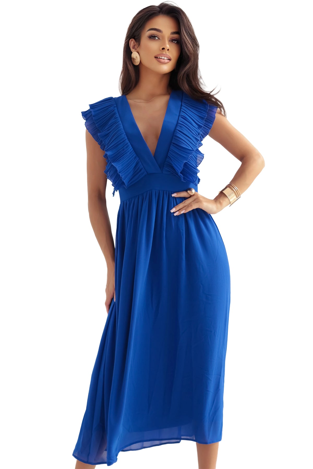 YANA Midi dress with pleated ruffles and a neckline – Cornflower Blue
