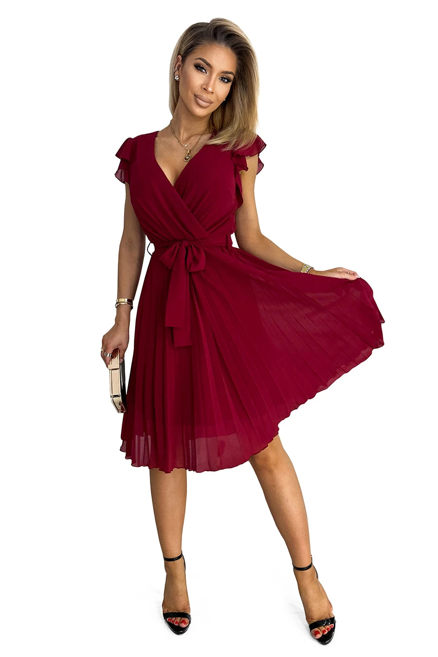 POLINA Pleated dress with a neckline and frills – Burgundy Color