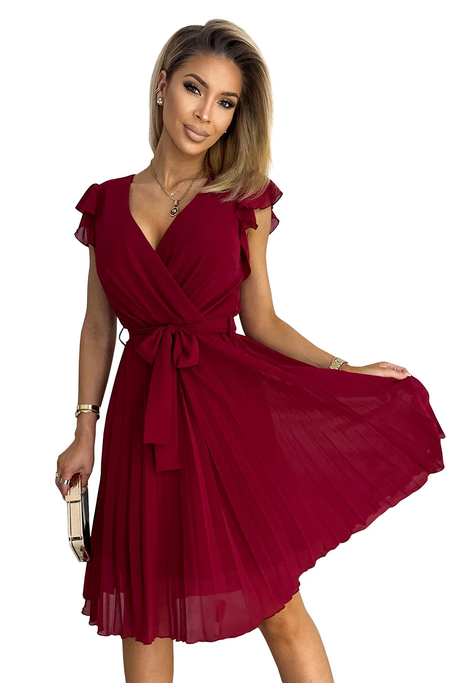 POLINA Pleated dress with a neckline and frills – Burgundy Color