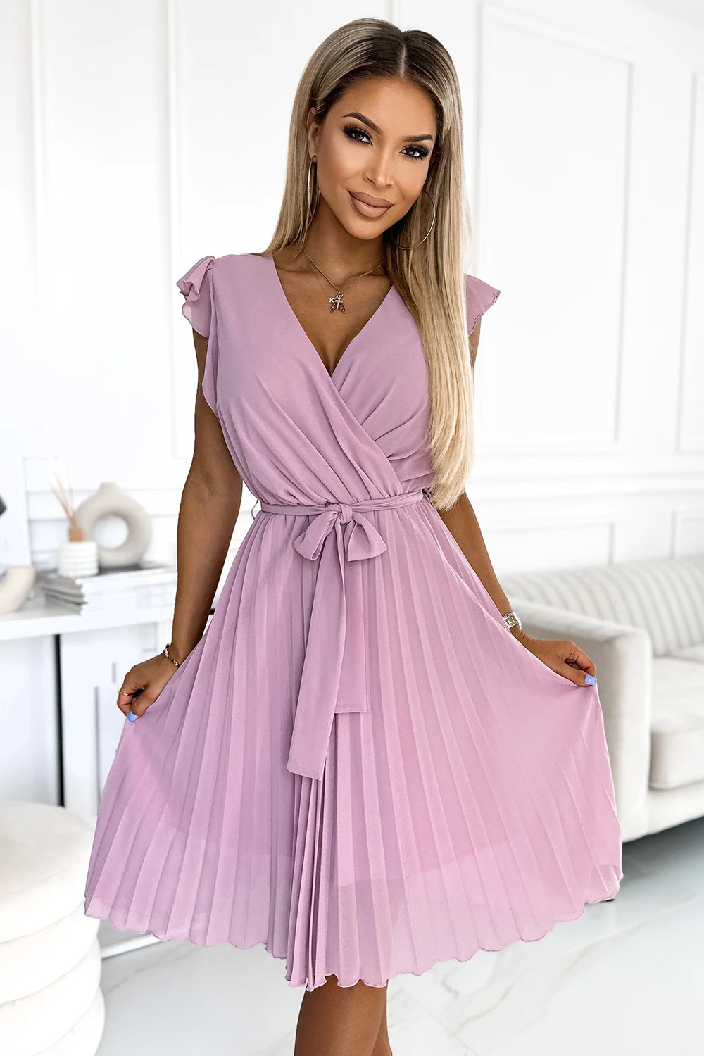 POLINA Pleated dress with a neckline and frills – Dirty Pink