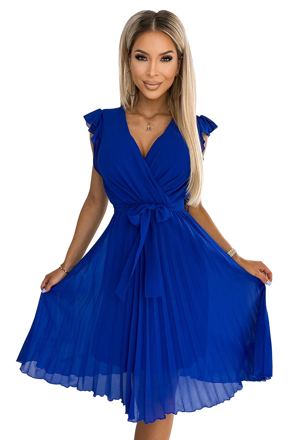 POLINA Pleated dress with a neckline and frills – Royal Blue