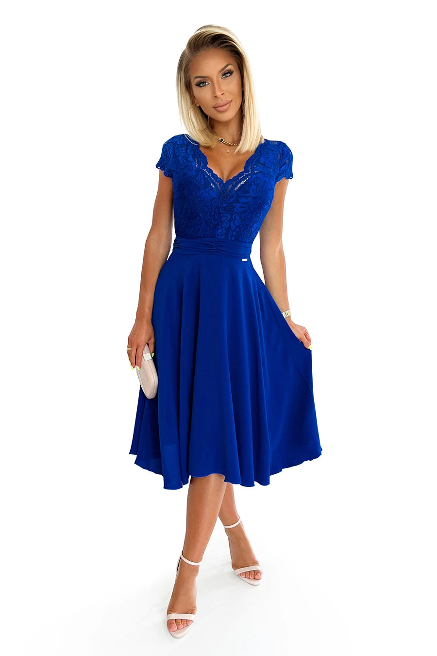 LINDA – chiffon dress with lace neckline – Royal Blue