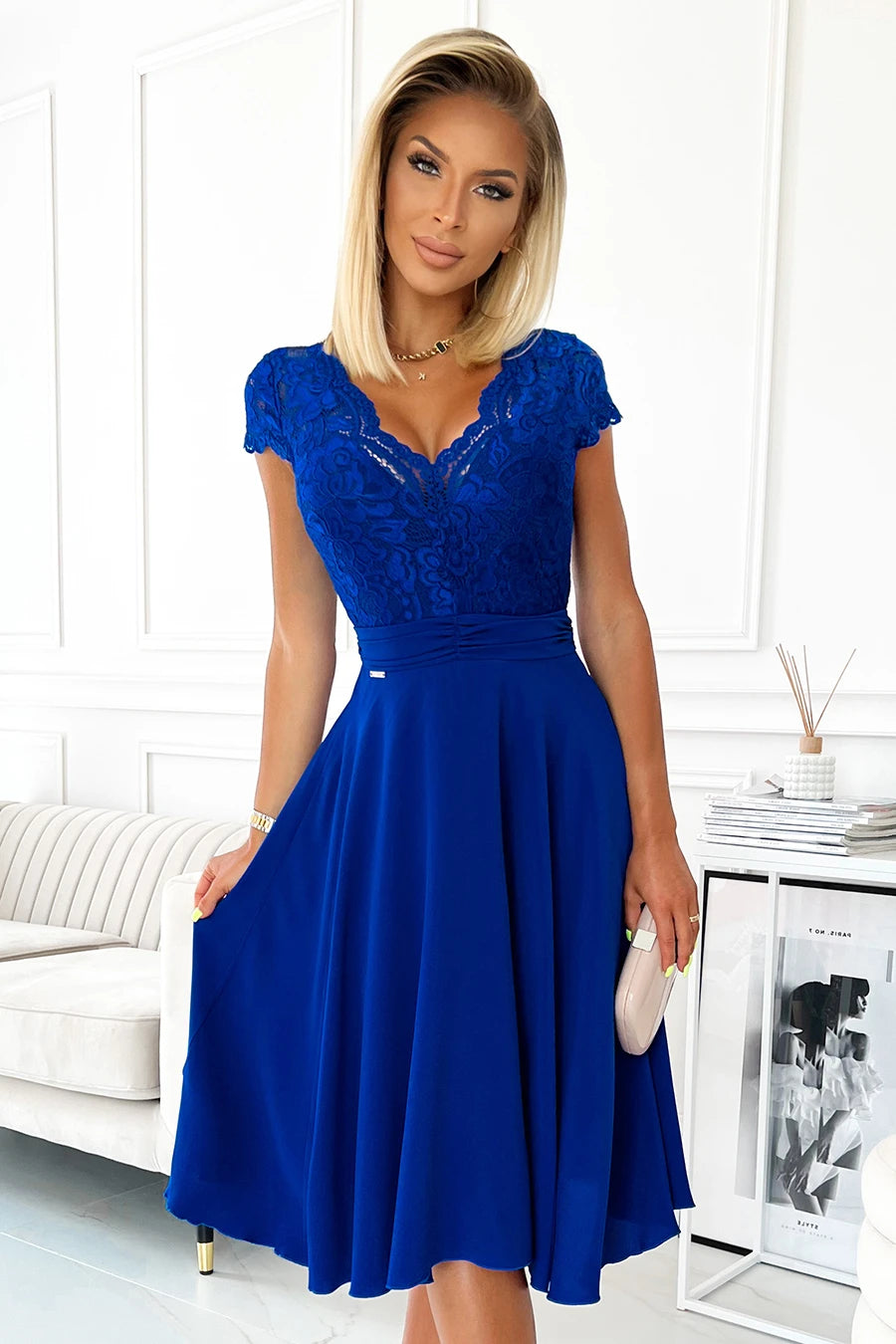 LINDA – chiffon dress with lace neckline – Royal Blue
