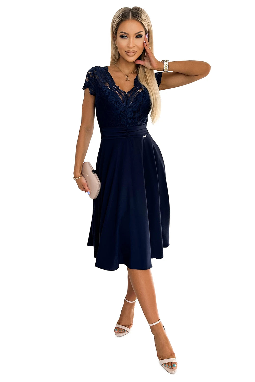 LINDA – chiffon dress with lace neckline – Navy Blue