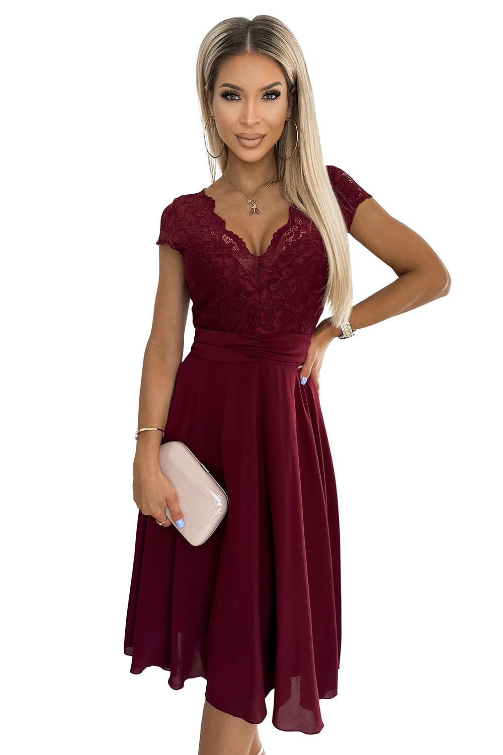 LINDA – chiffon dress with lace neckline – Burgundy Color