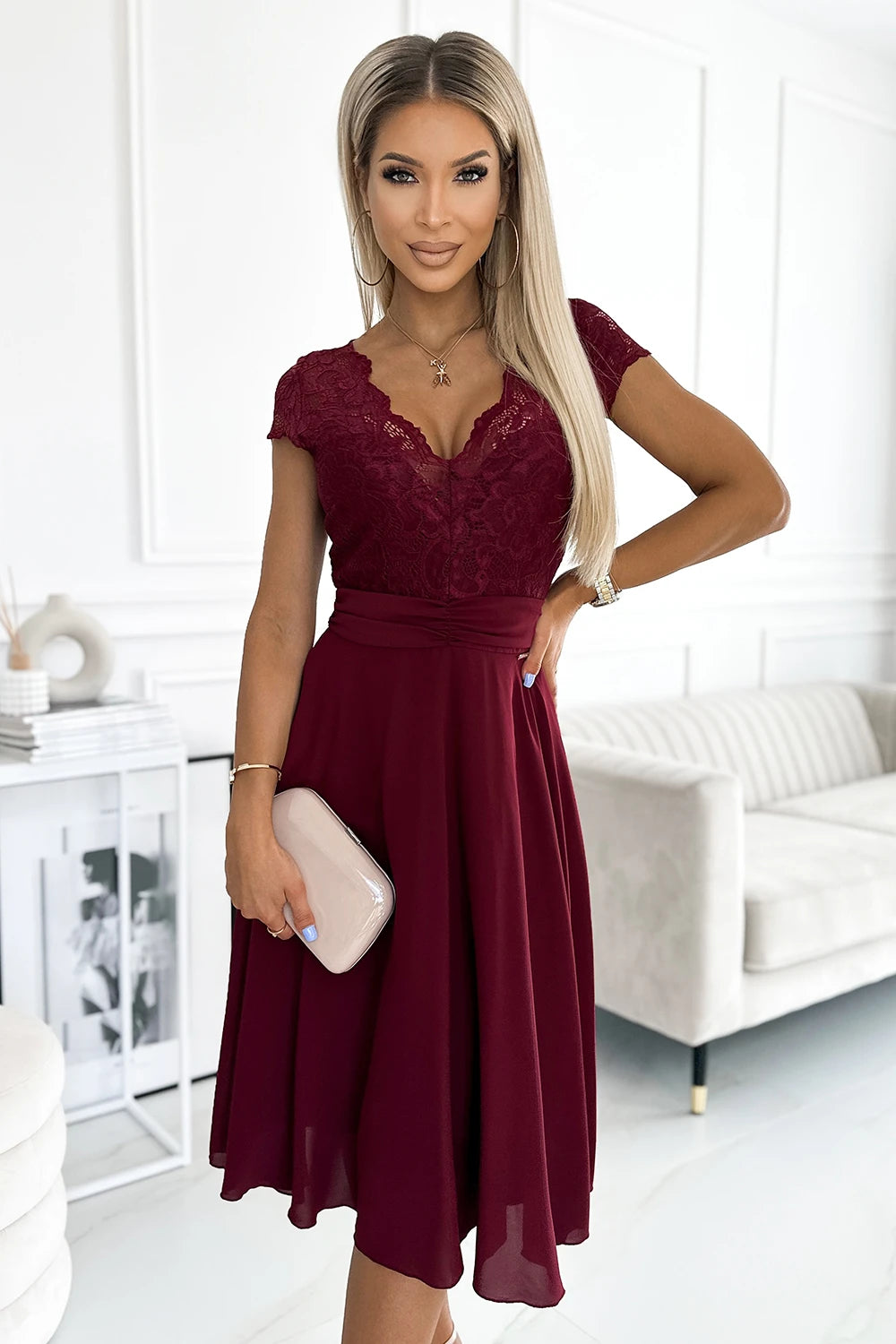 LINDA – chiffon dress with lace neckline – Burgundy Color